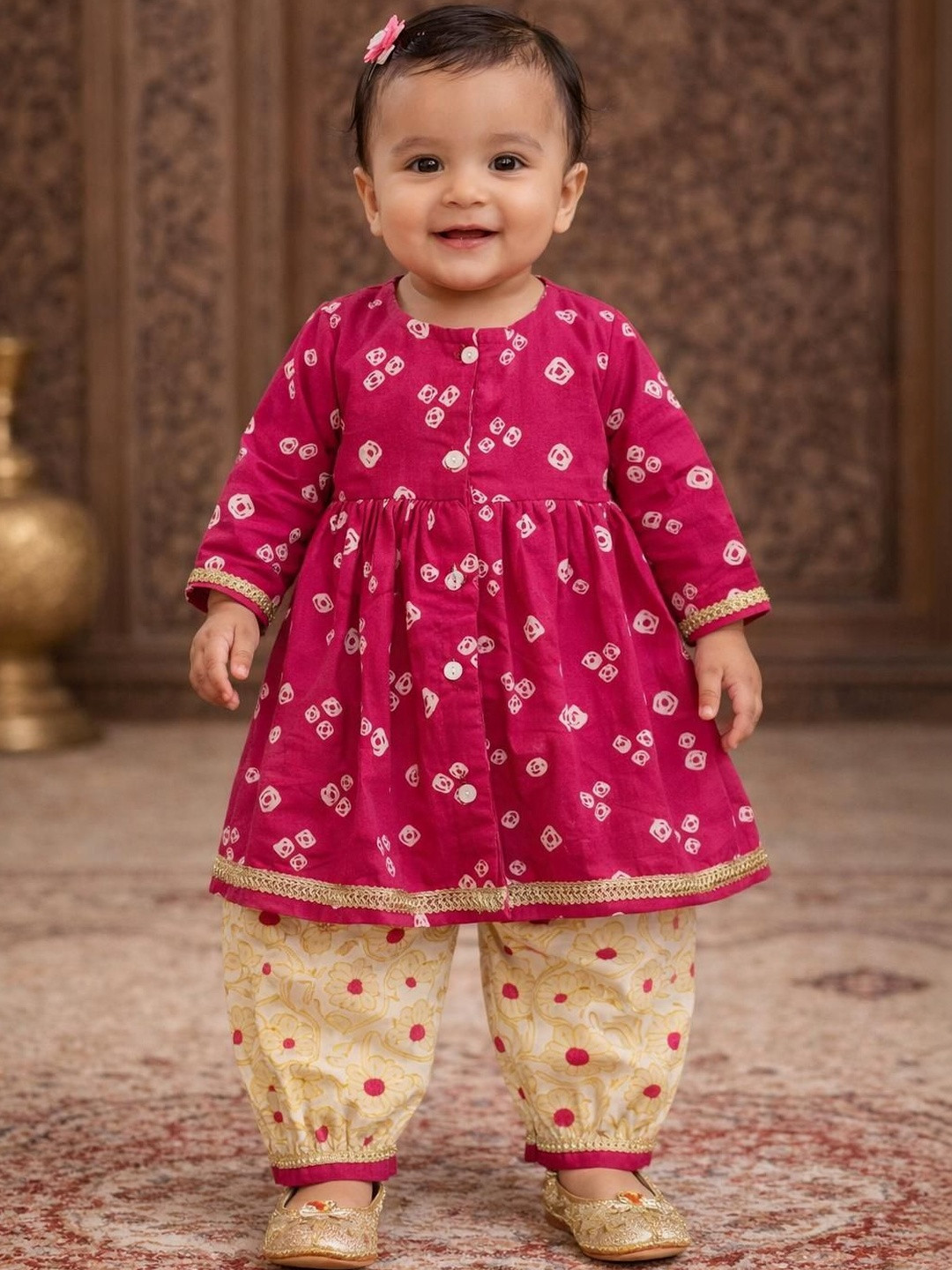 Pspeaches Baby Girls Rani Pink Booti Cotton Kurta Pant Set