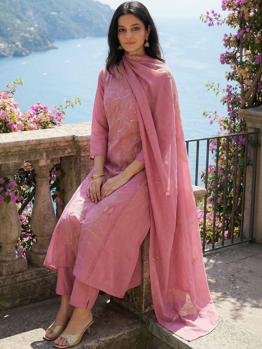 Indo Era Women Floral Embroidered Regular Thread Work Kurta with Trousers & With Dupatta