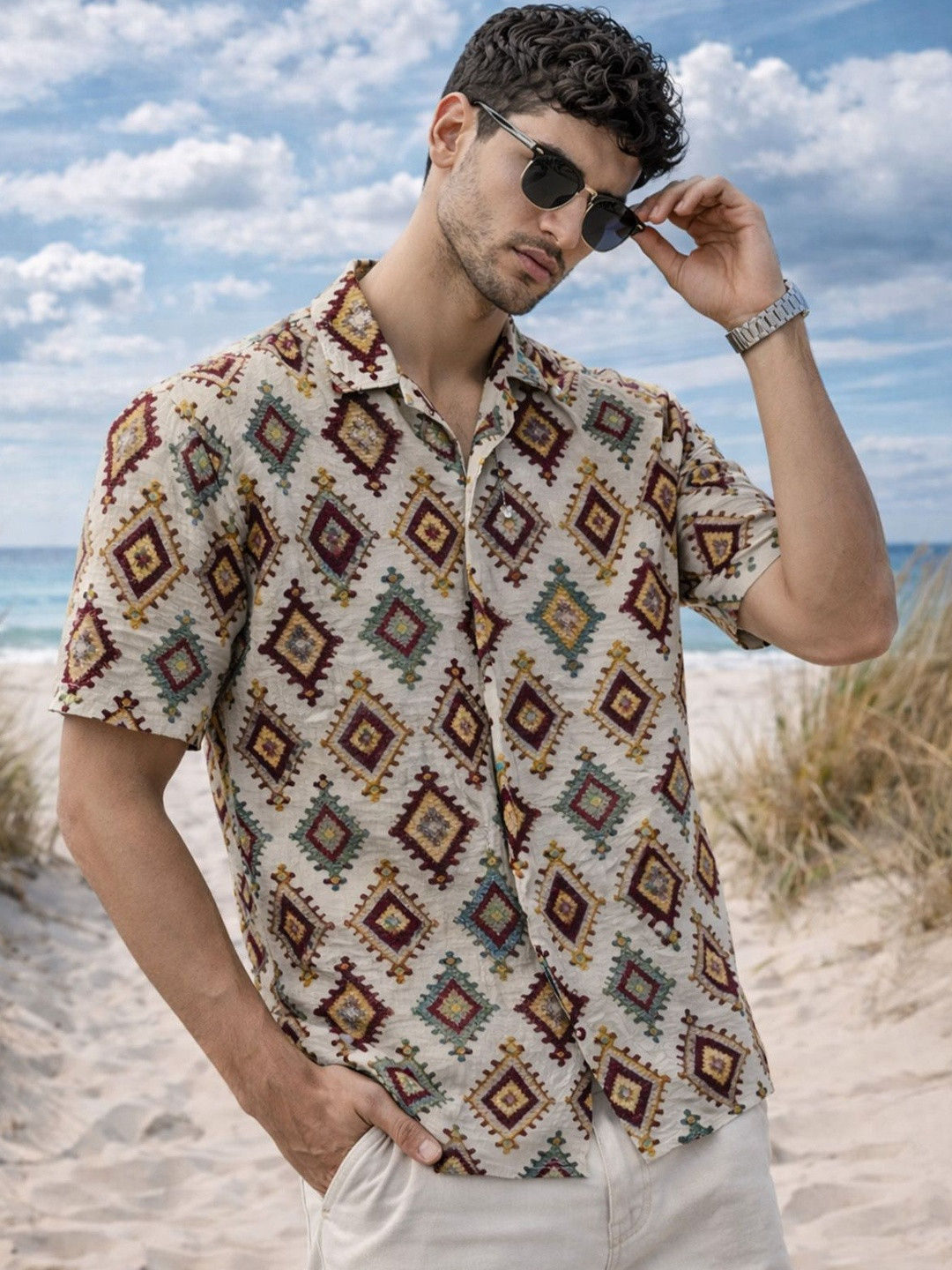 VEIRDO Swanwhite Oversized Geometric Cotton Short Sleeves Fit Shirt