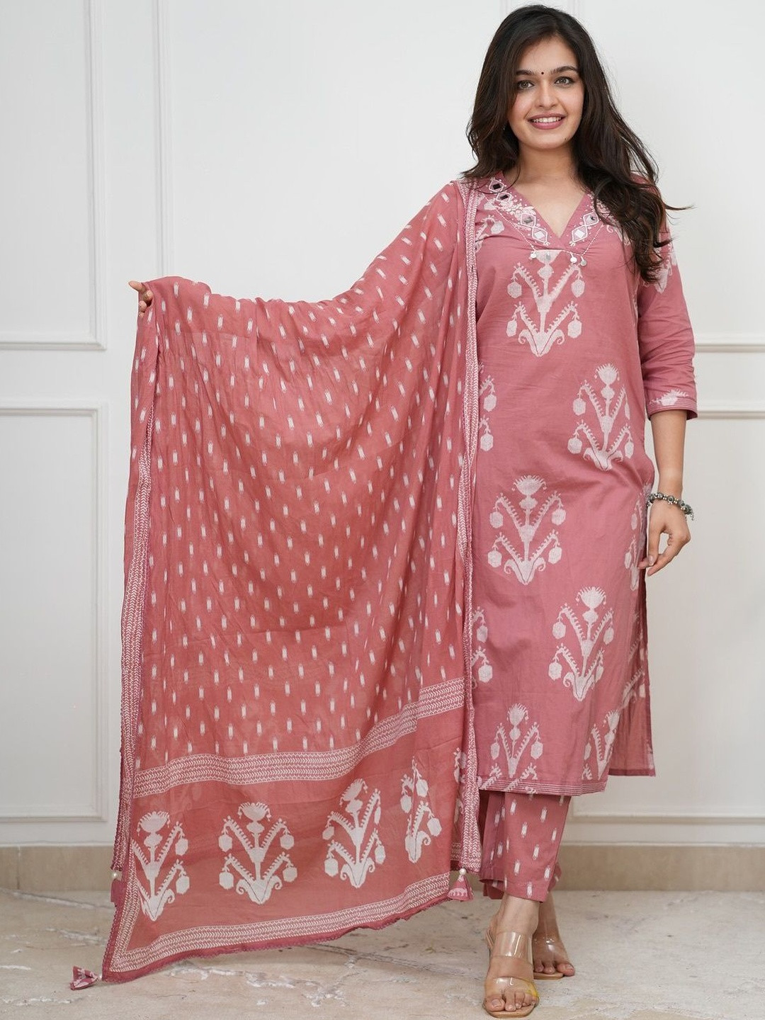 KRYSAL Motifs Printed Regular Mirror Work Chanderi Silk Kurta with Trousers & With Dupatta