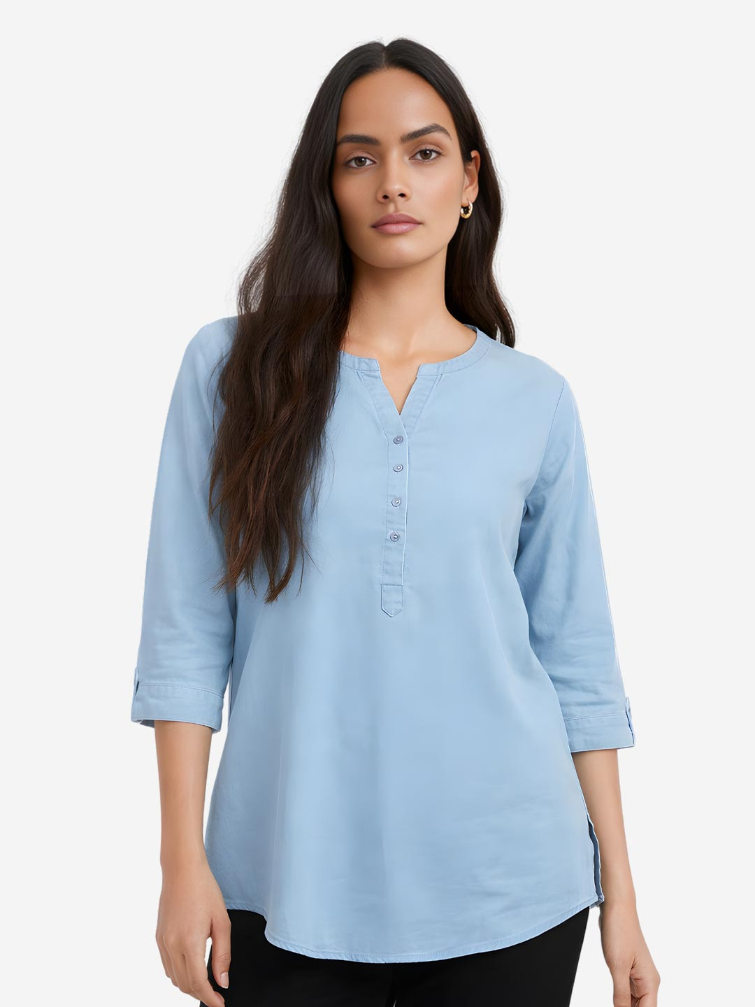 GlamZei Mandarin Collar Cotton Denim Top