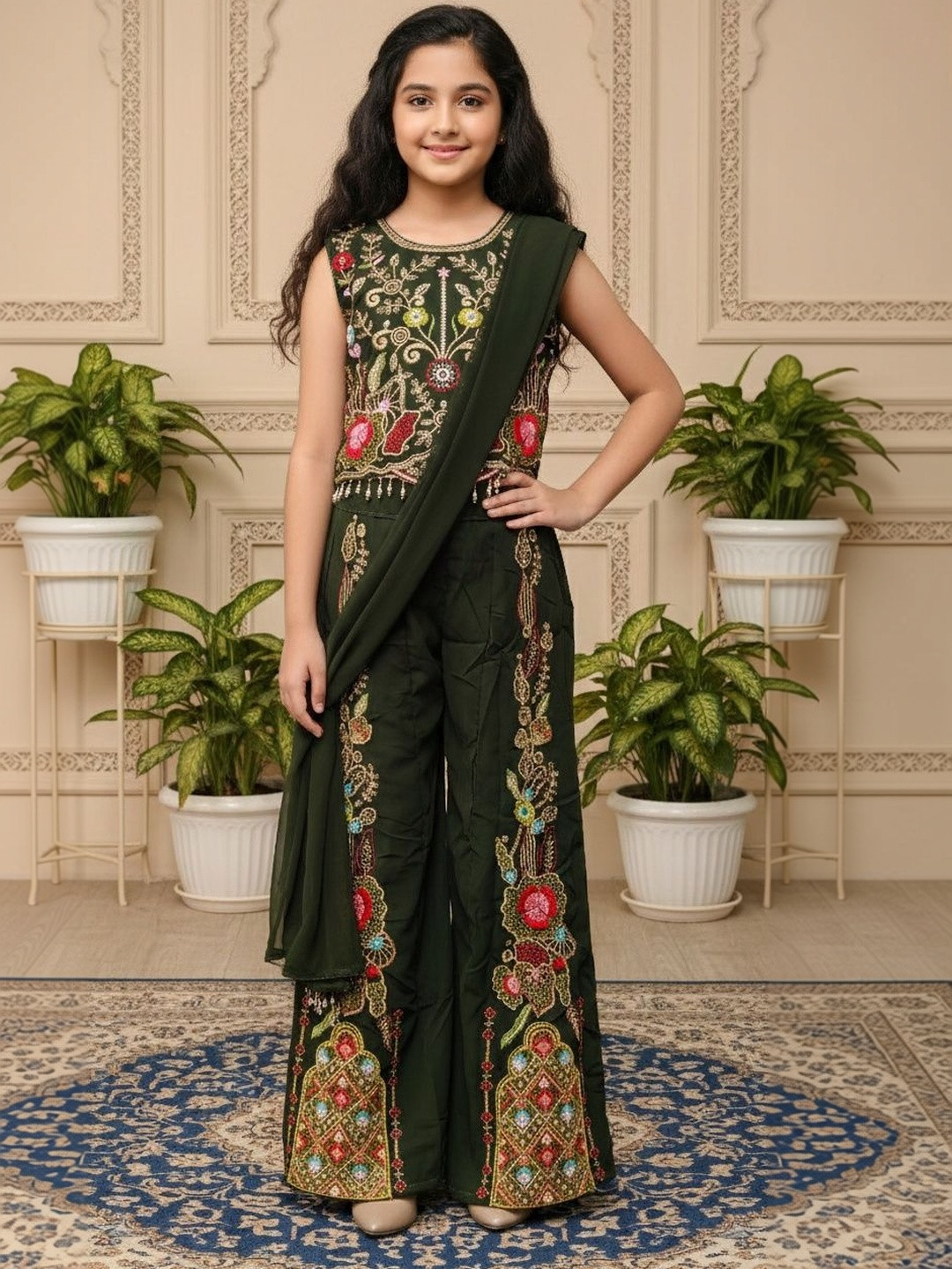 BAESD Girls Ethnic Motifs Embroidered Regular Thread Work Top with Palazzos & With Dupatta