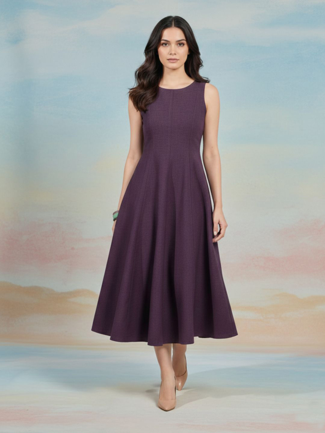 PURVAJA Linen Fit & Flare Midi Dress