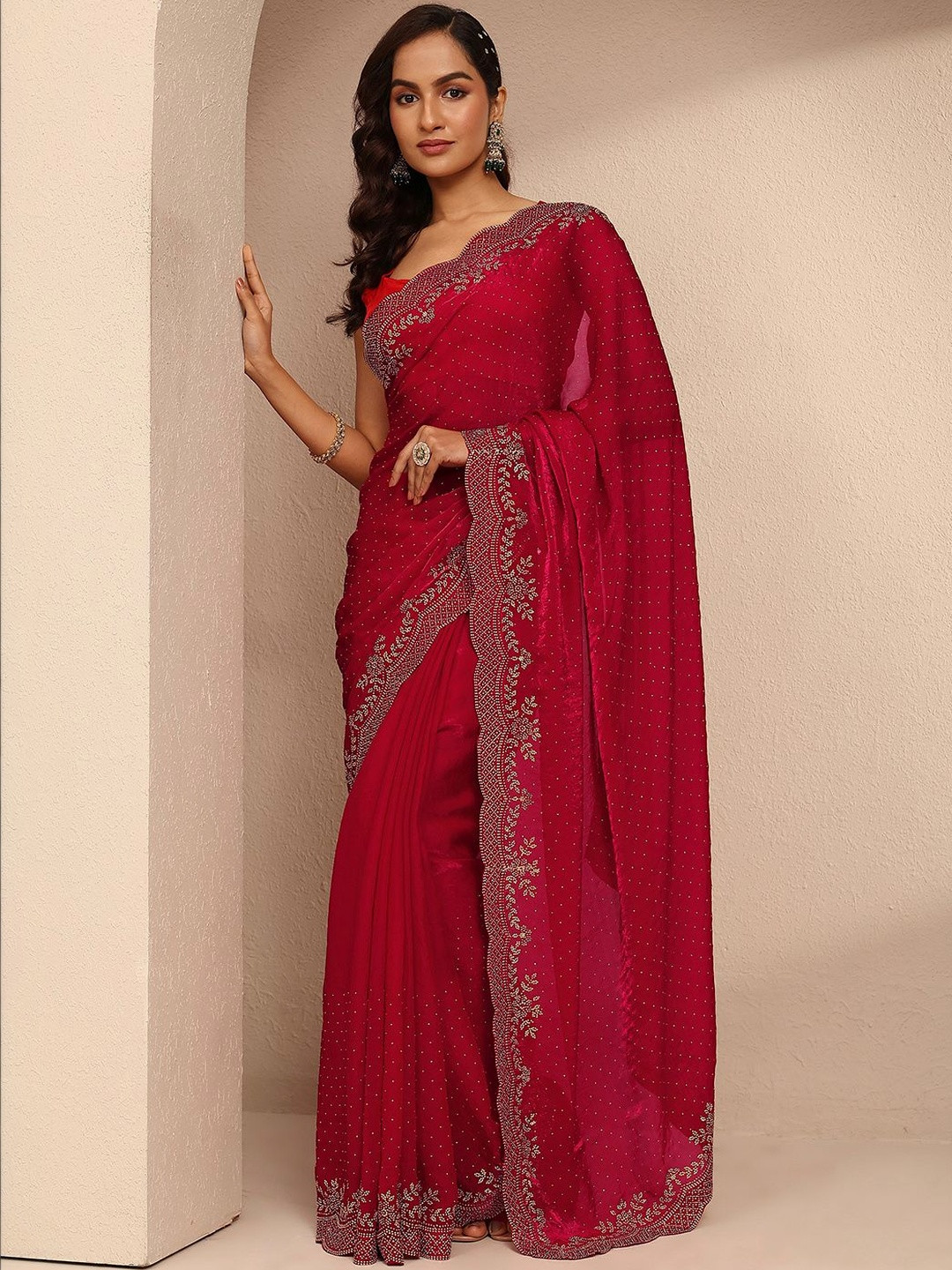 Libas Red Embellished Saree With Unstitched Blouse Piece