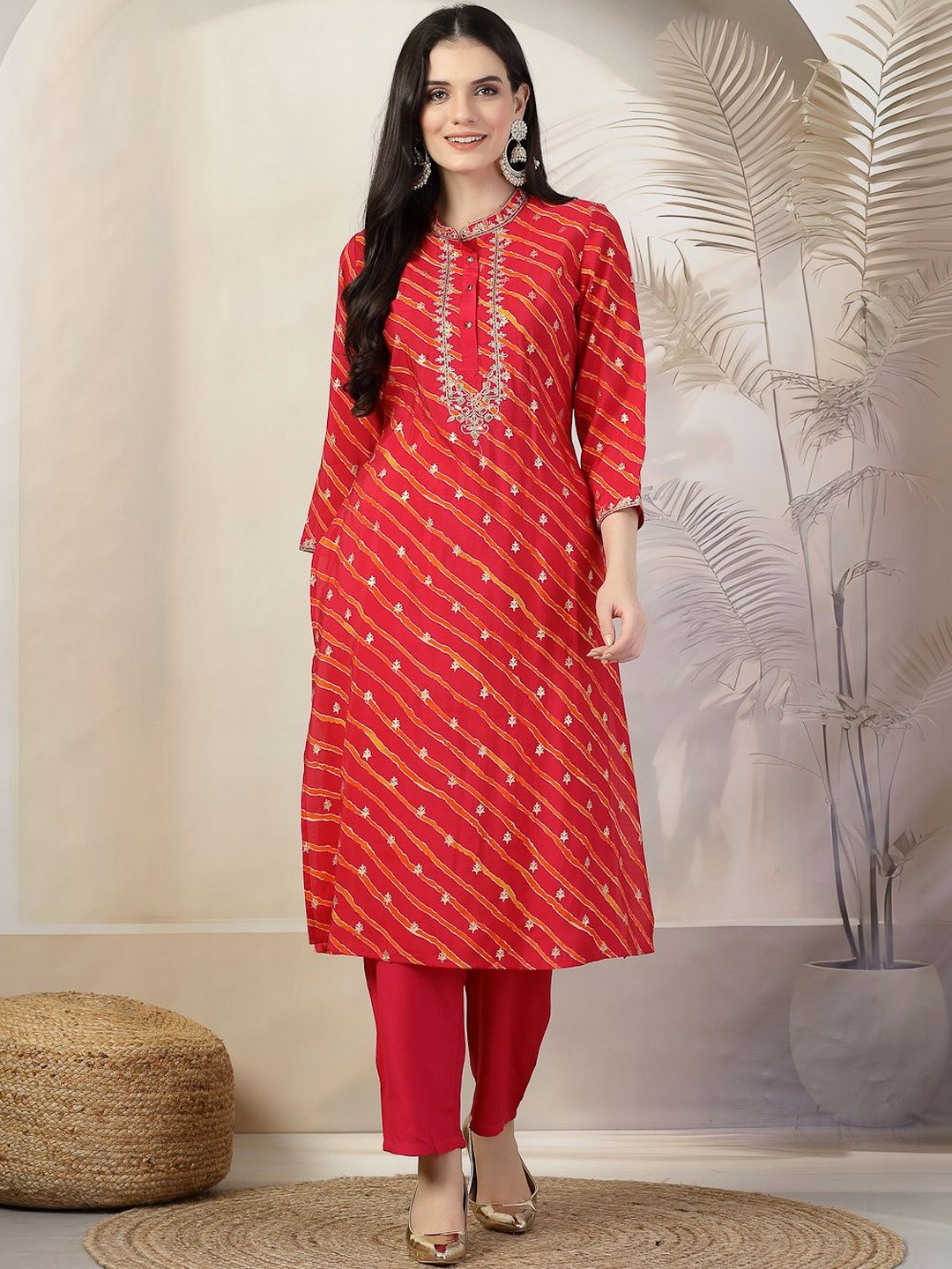 Nayam By Lakshita Women Leheriya Printed Regular Thread Work Chanderi Cotton Kurta with Trousers