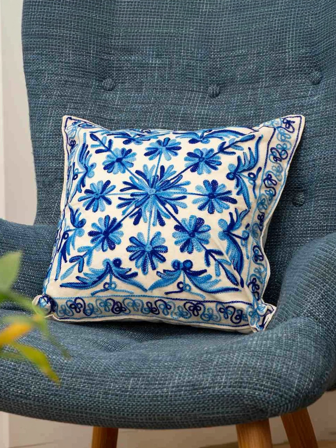 Atrangi Studio Blue & White 2 Pieces Aari Embroidery Cushion Cover 16x16 Inch Cotton Blend