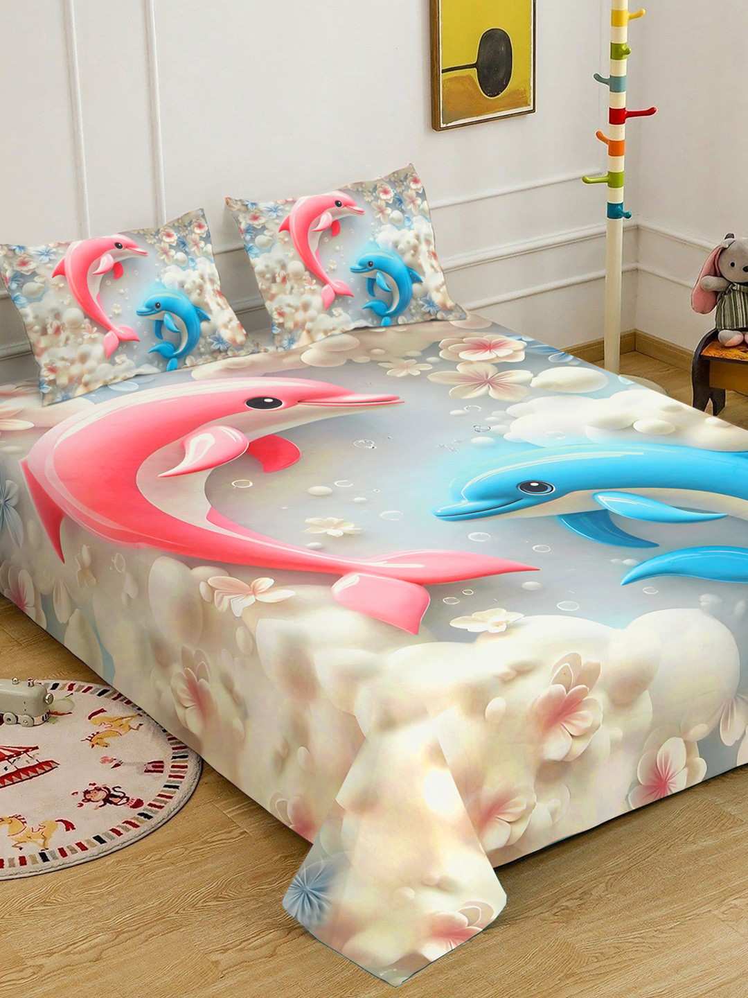 Grey & Pink Cartoon Printed Fitted 7D 400 TC Double King Bedsheet With 2 Pillow Cover