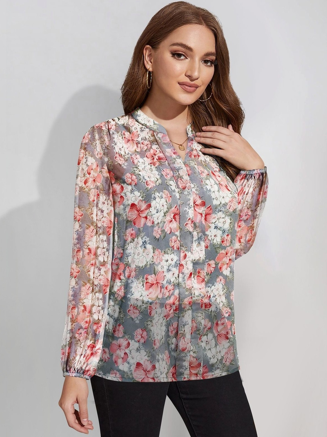 CREZYVEZY Grey Floral Print High Neck Top