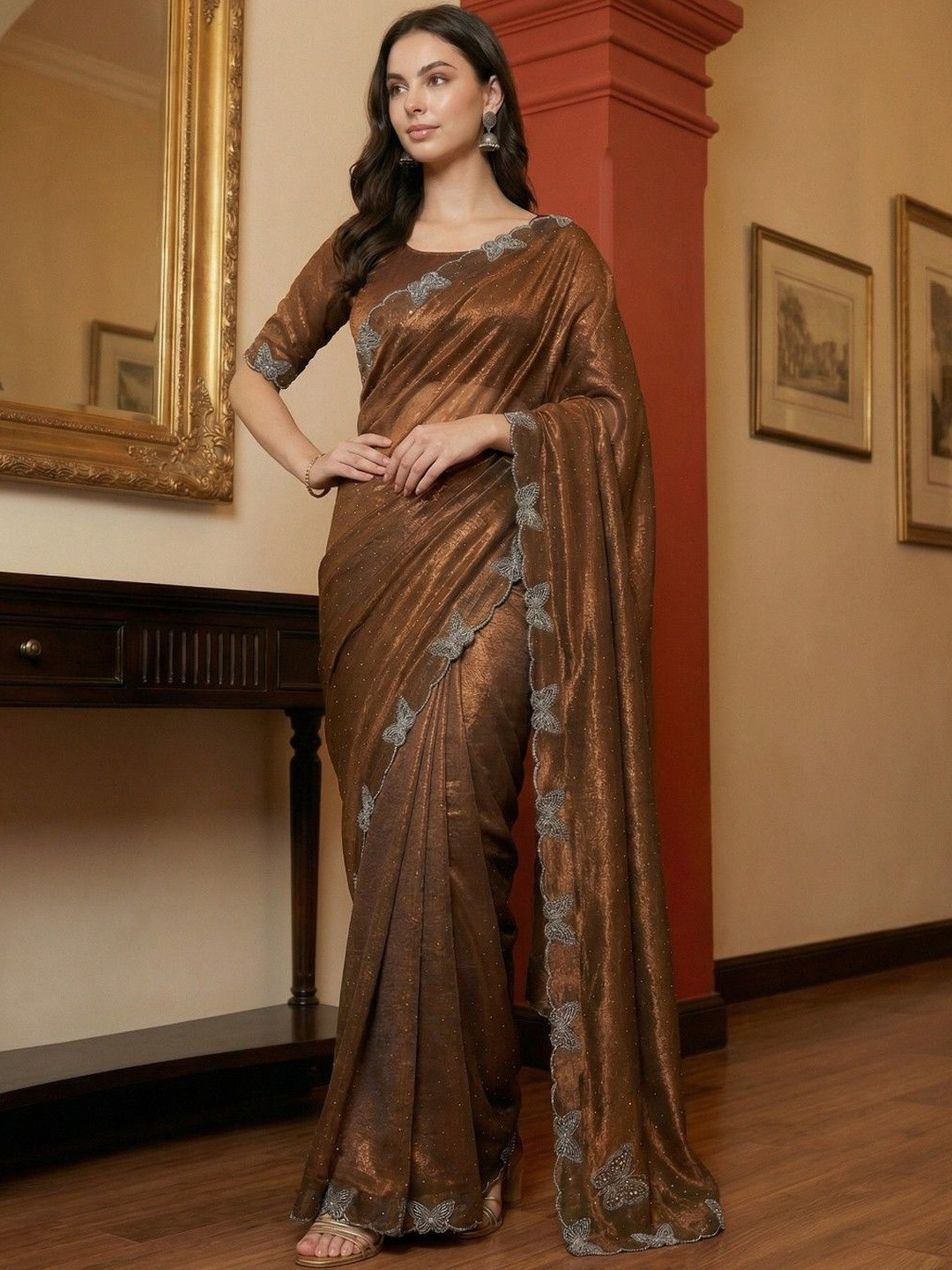 KINDA DESI Embellished Sequinned Net Heavy Work Saree