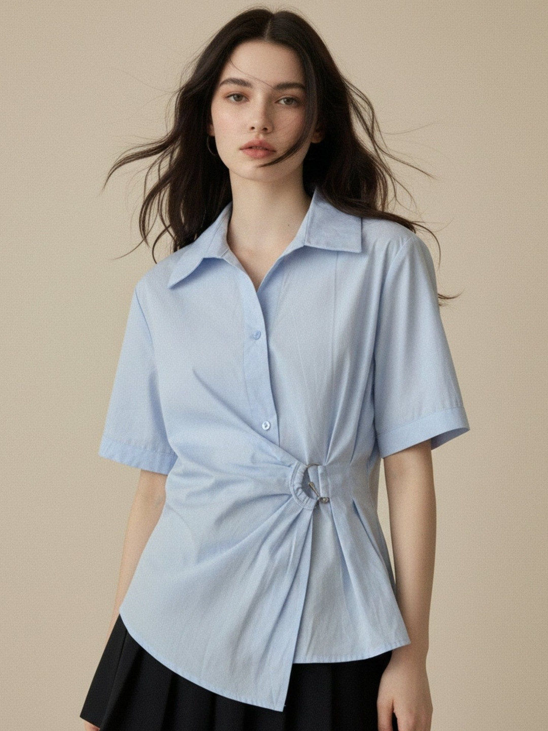 Outzidr Light Blue Waist Belted Front Buttoned Shirt
