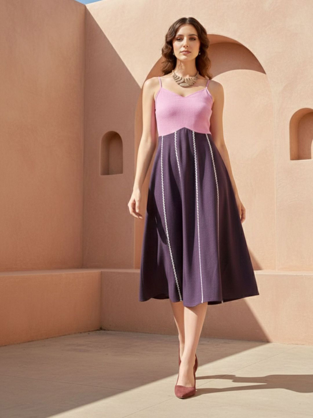 OBSHIVKA Colourblocked Linen Fit & Flare Midi Dress