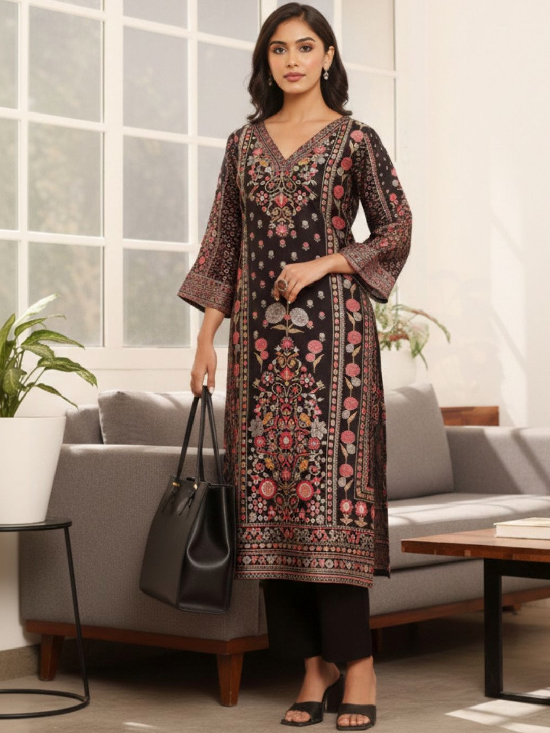 Varanga Women Ethnic Motifs Printed Regular Chanderi Silk Kurta with Trousers