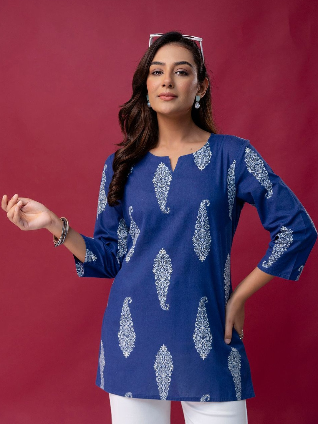 RAAKA Ethnic Motifs Printed Boat Neck Pure Cotton Blend Kurti