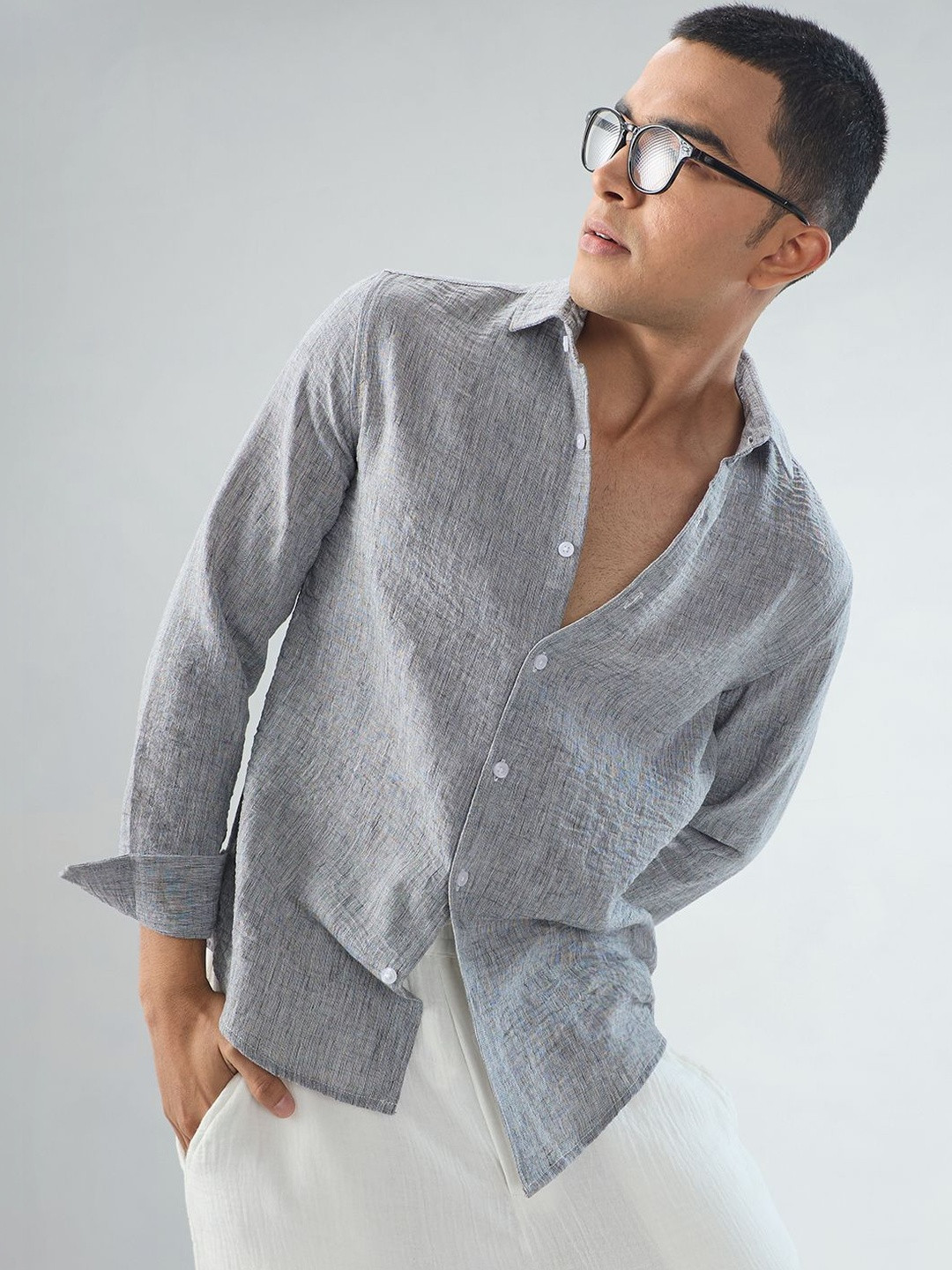 VASTRADO Graphite Grey Textured Crinkled Shirt