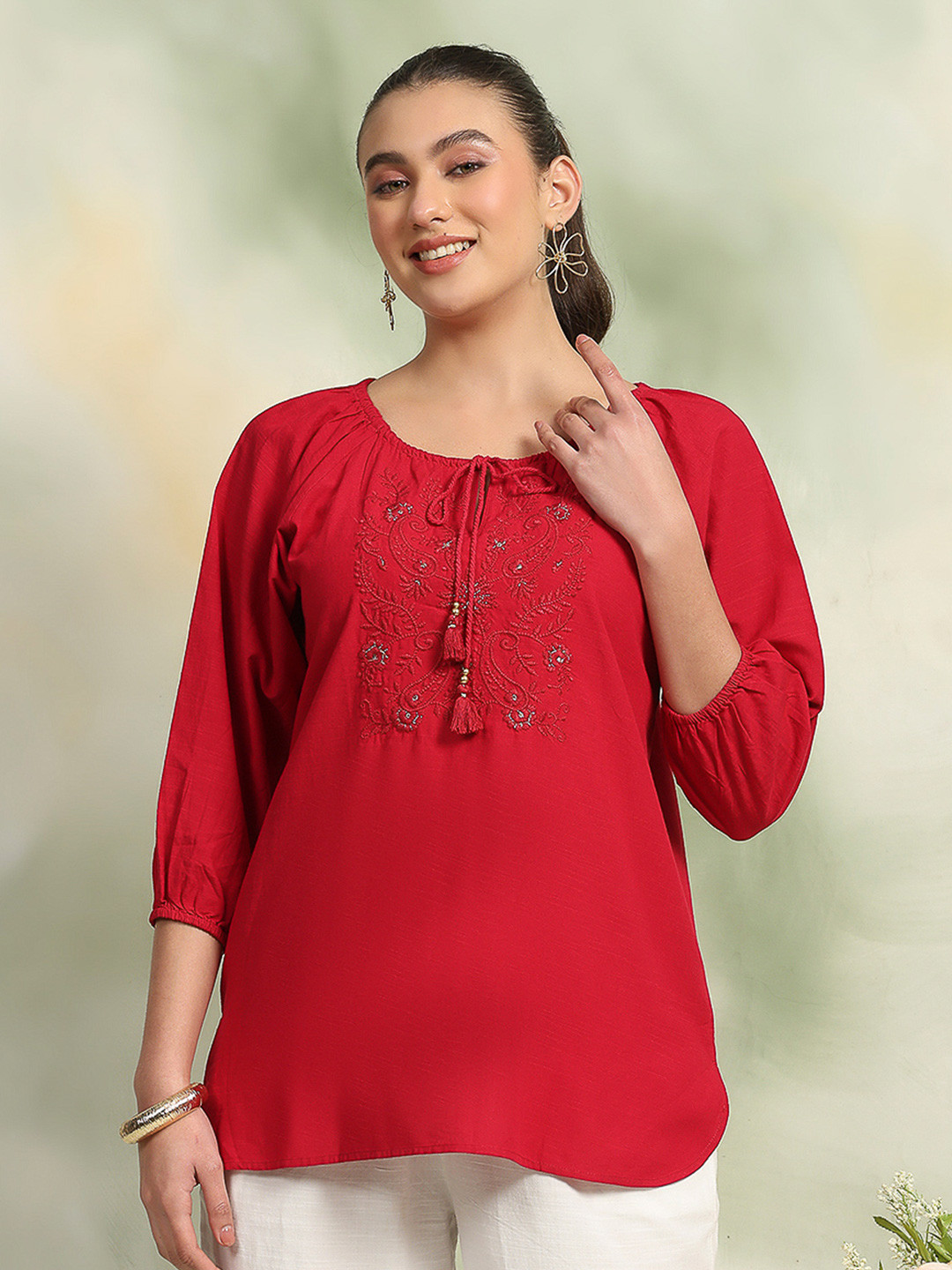 Nayam By Lakshita Solid Floral Embroidered Tie-Up Neck Linen Top