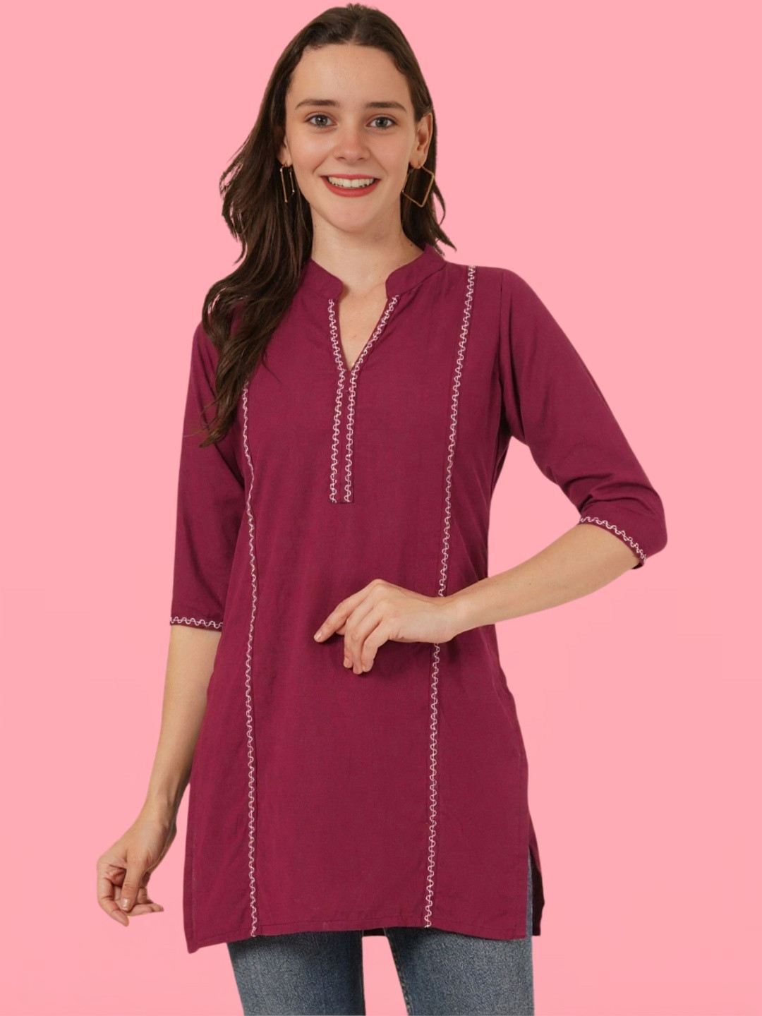 Burgundy Embroidered Mandarin Collar Ethnic Top