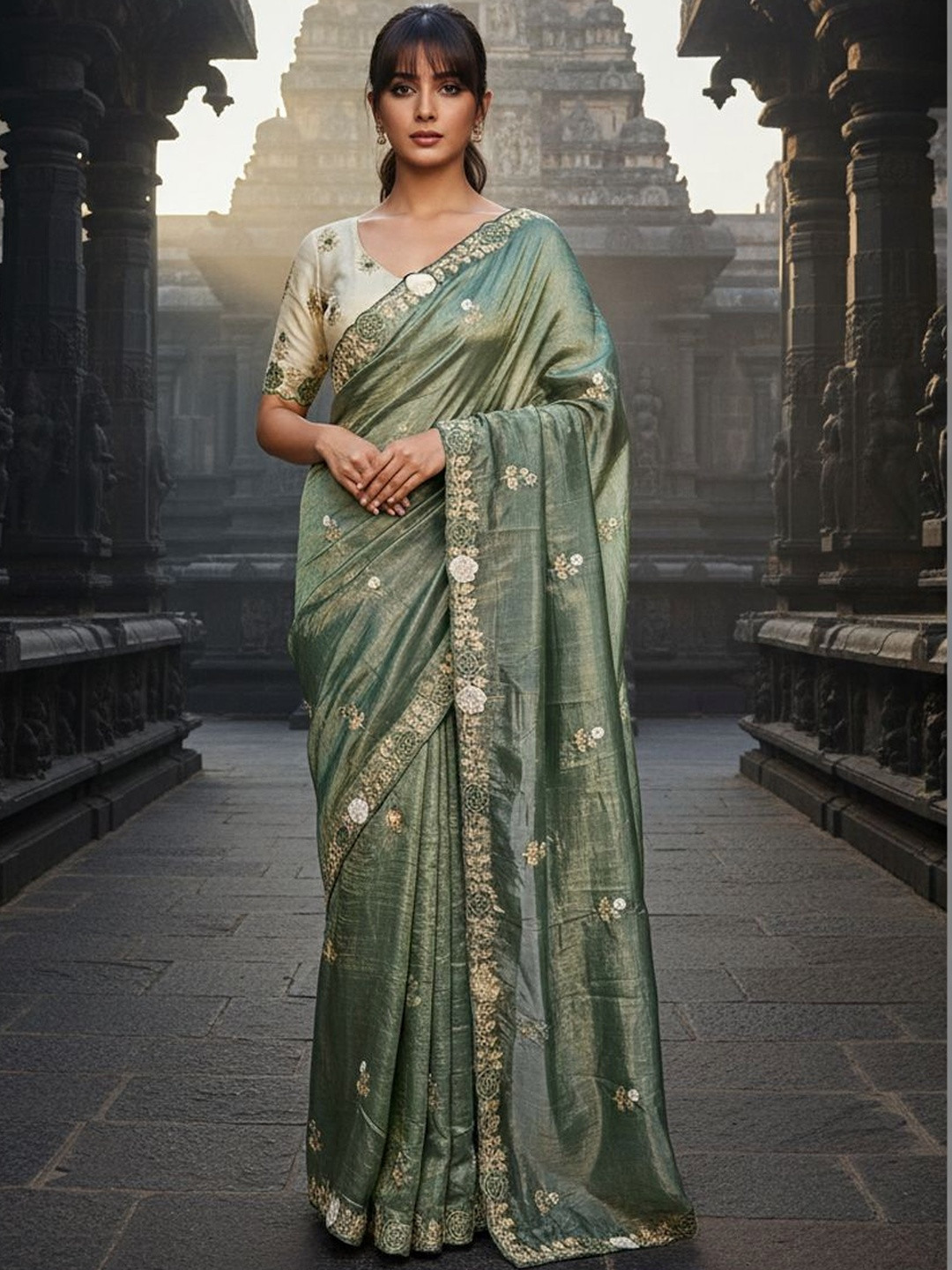 FABLAND Floral Embroidered Tissue Tussar Saree