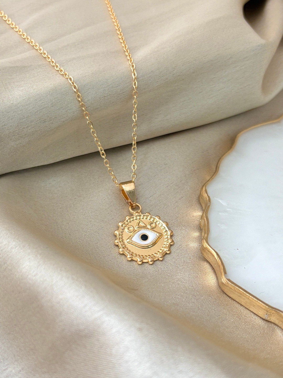 ISHKAARA Women Golden Evil Eye Circular Pendants With Chains