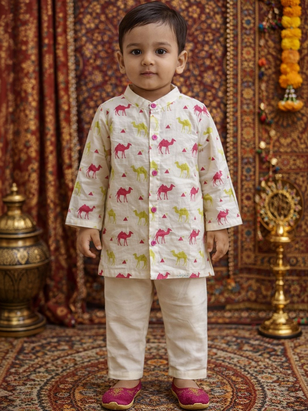 Pspeaches Baby Boys Beige Animal Cotton Kurta Pyjama Set