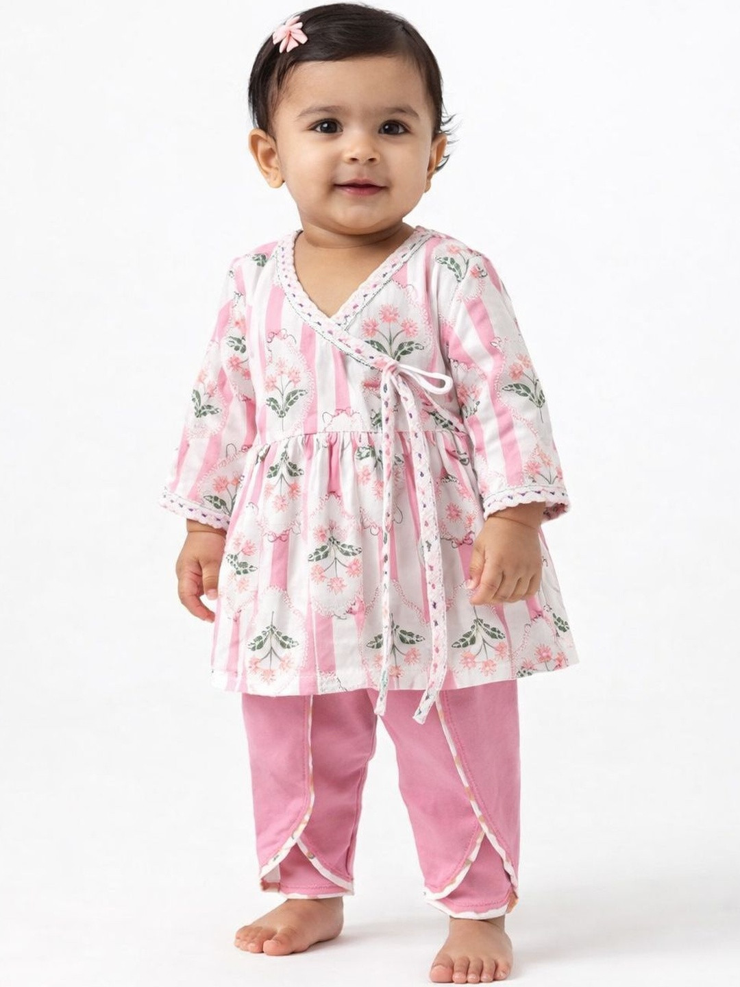 Pspeaches Baby Girls Pink And White Booti Cotton Angrakha Dhoti Set