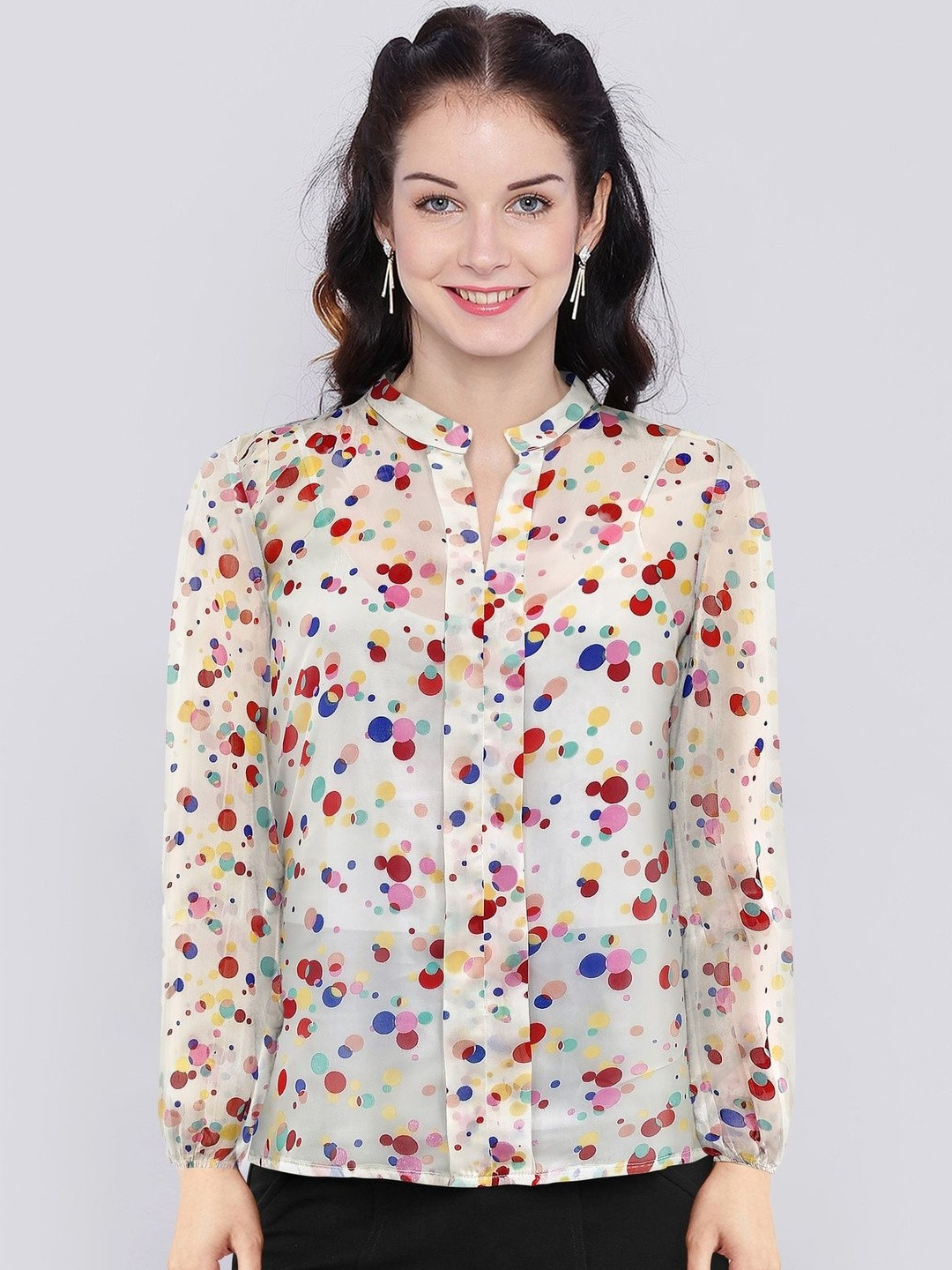 CREZYVEZY Polka Dot Print Mandarin Collar Top