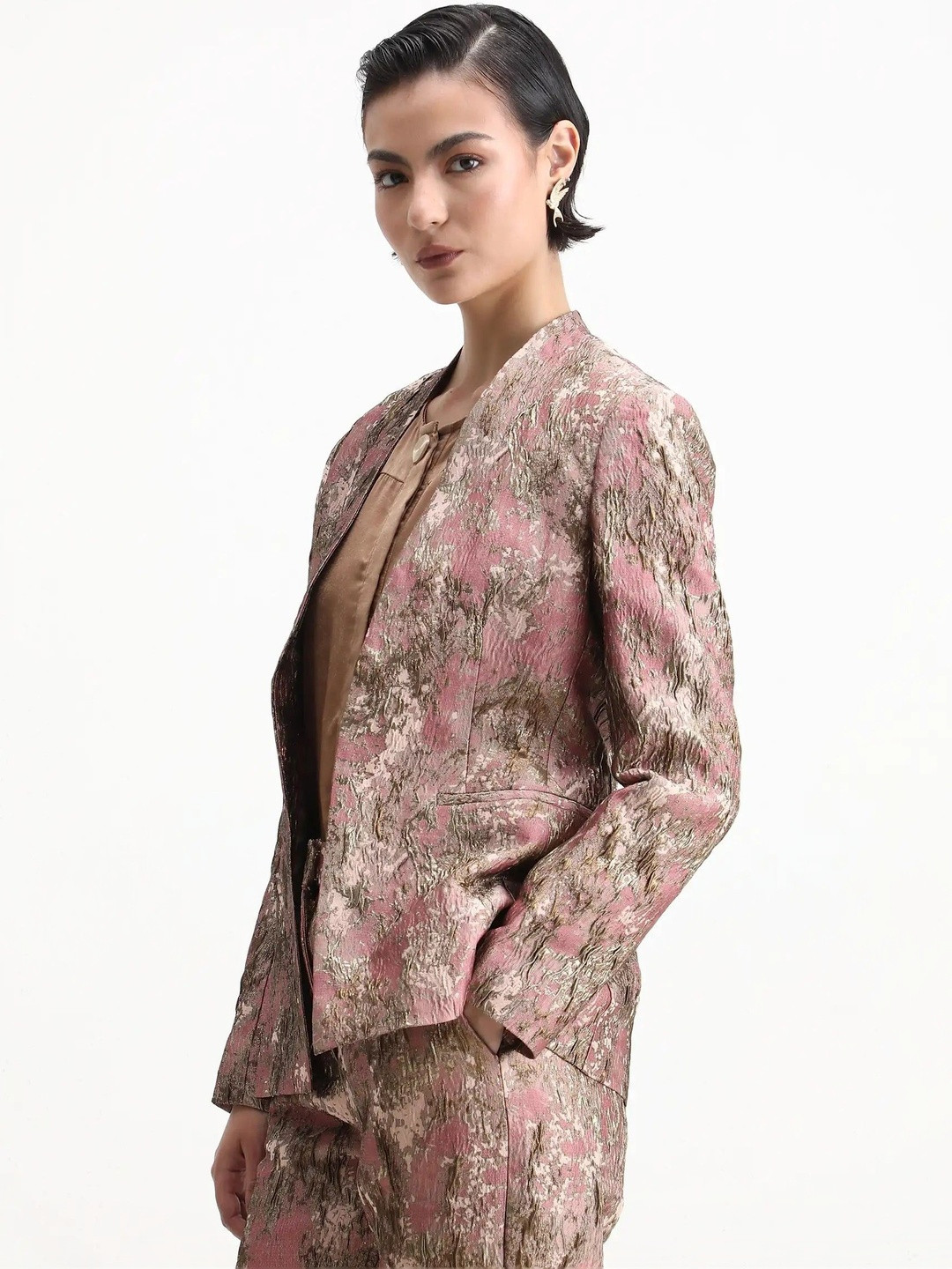 RAREISM Women Pink Collarless Regular Fit Printed Blazer