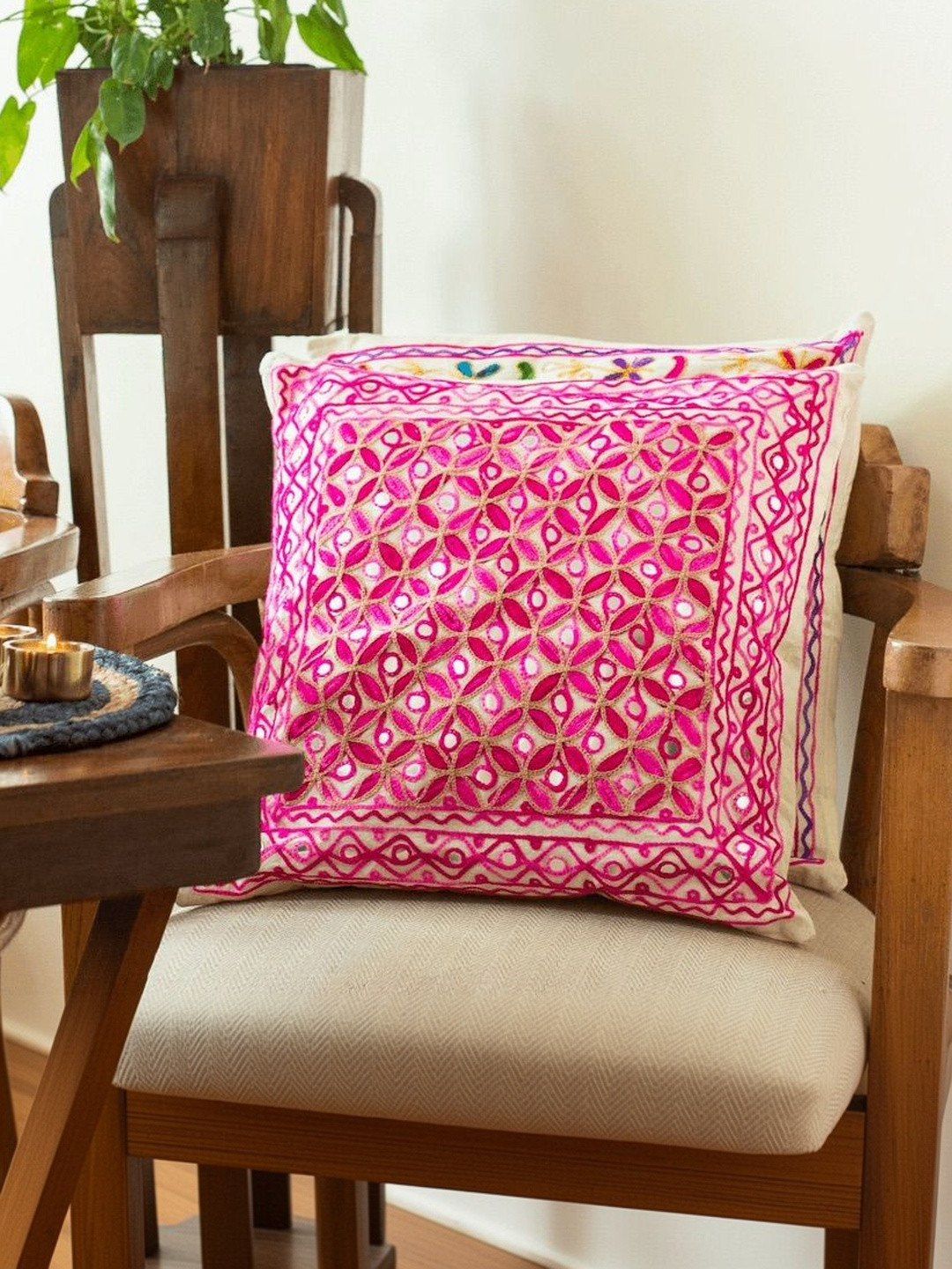 Atrangi Studio Pink & White 2 Pieces Aari Embroidery Cushion Cover 16x16 Inch Cotton Blend