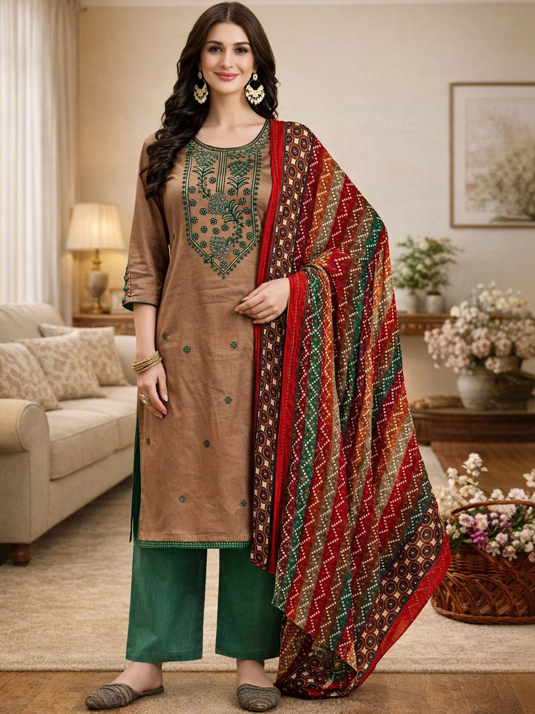 Anouk Women Floral Printed Regular Thread Work & Sequins Embroidered Kurta Set