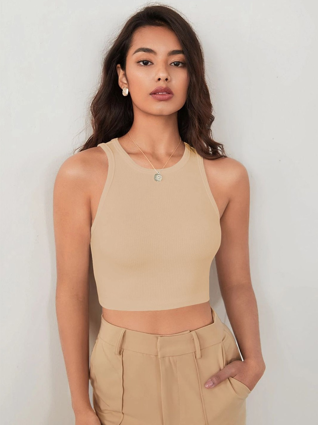 CREZYVEZY Ribbed Round Neck Sleeveless Crop Top