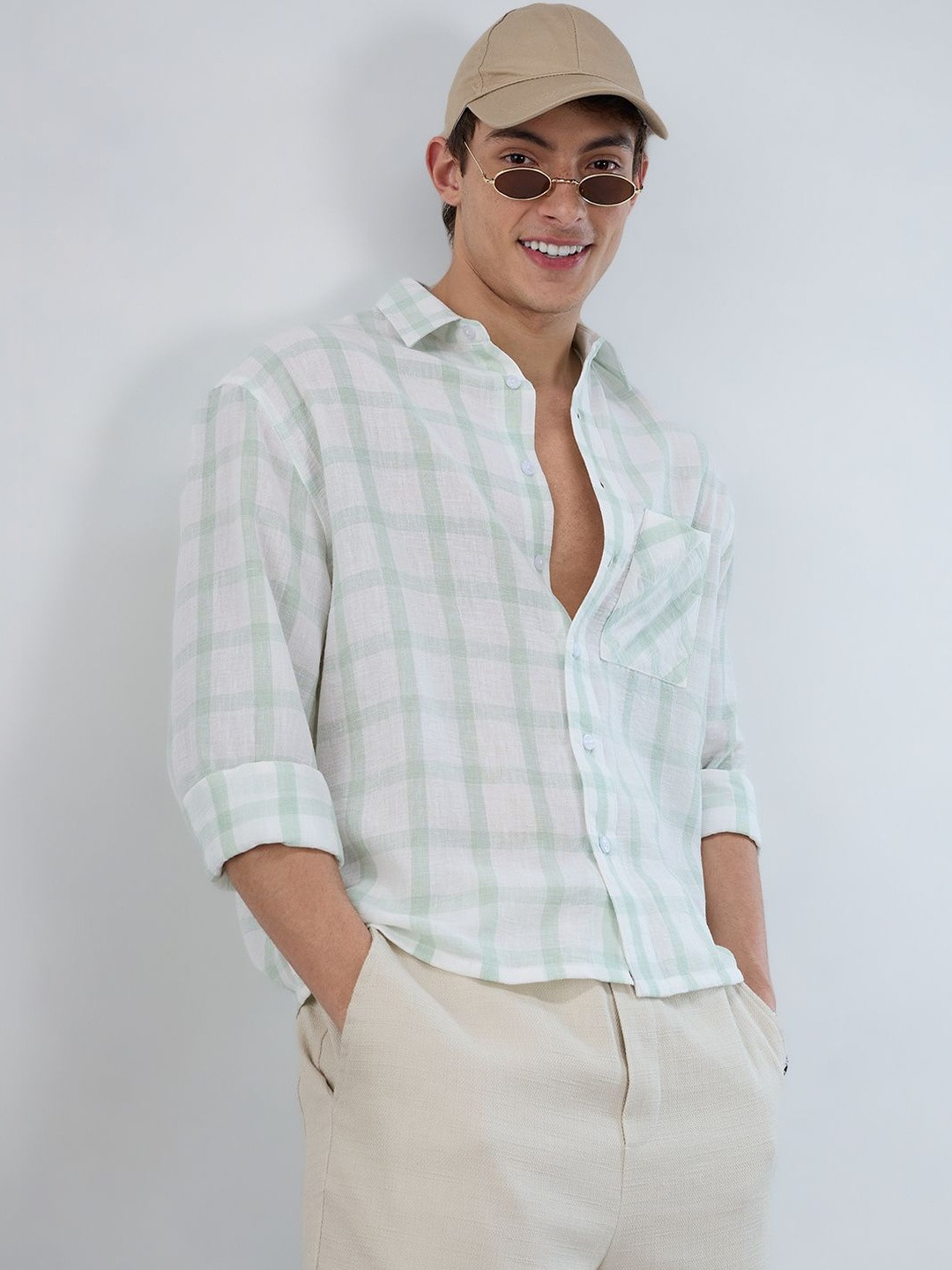 VASTRADO Minted Sage Green Box Checks Boxy Fit Crop Shirt