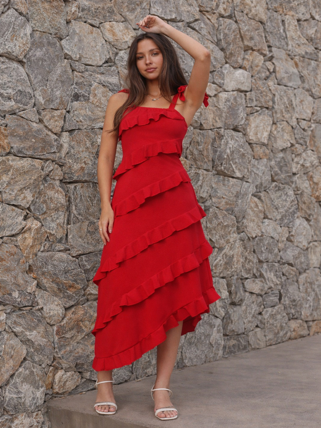 NEUDIS Women Shoulder Straps Ruffled Bodycon Midi Dress