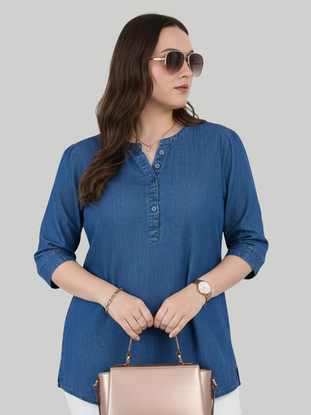 GlamZei Mandarin Collar Cotton Denim Top