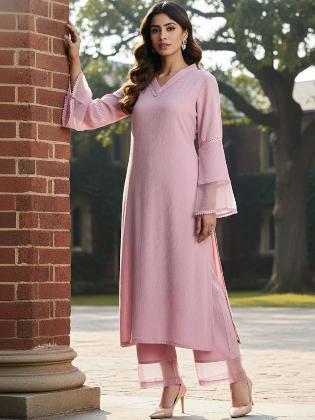 KALINI Women Regular Thread Work Silk Crepe Kurta with Trousers