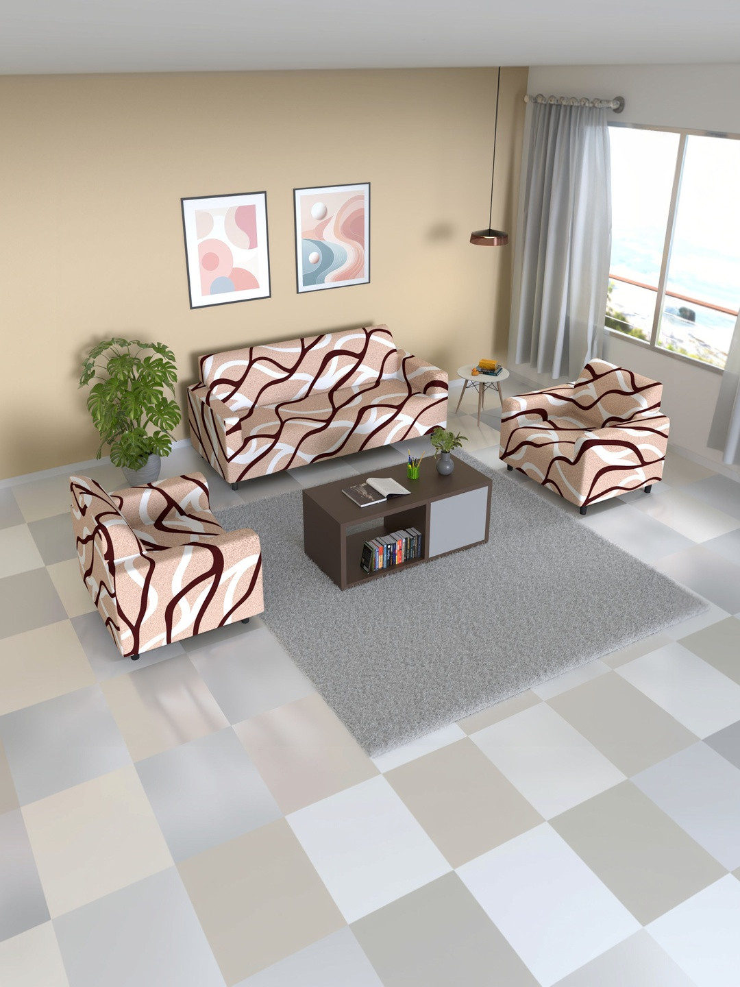 Furshine Multicoloured & Beige Printed Polyester Blend 3 Piece Sofa Cover With Arms