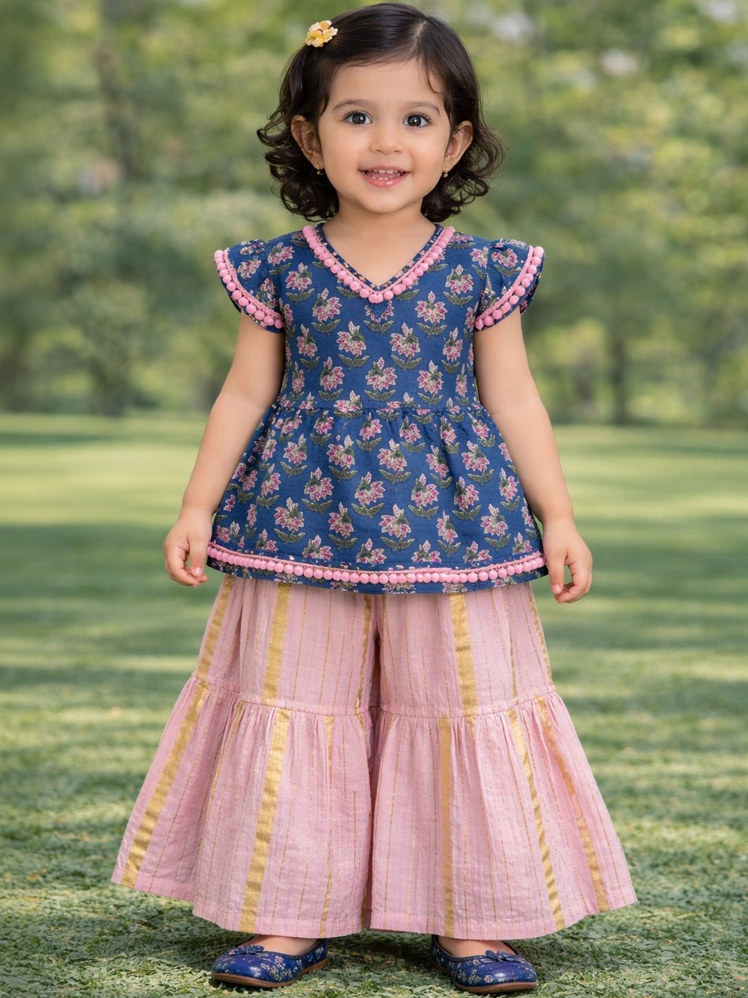 Pspeaches Baby Girls Blue And Pink Booti Cotton Kurta Sharara Set
