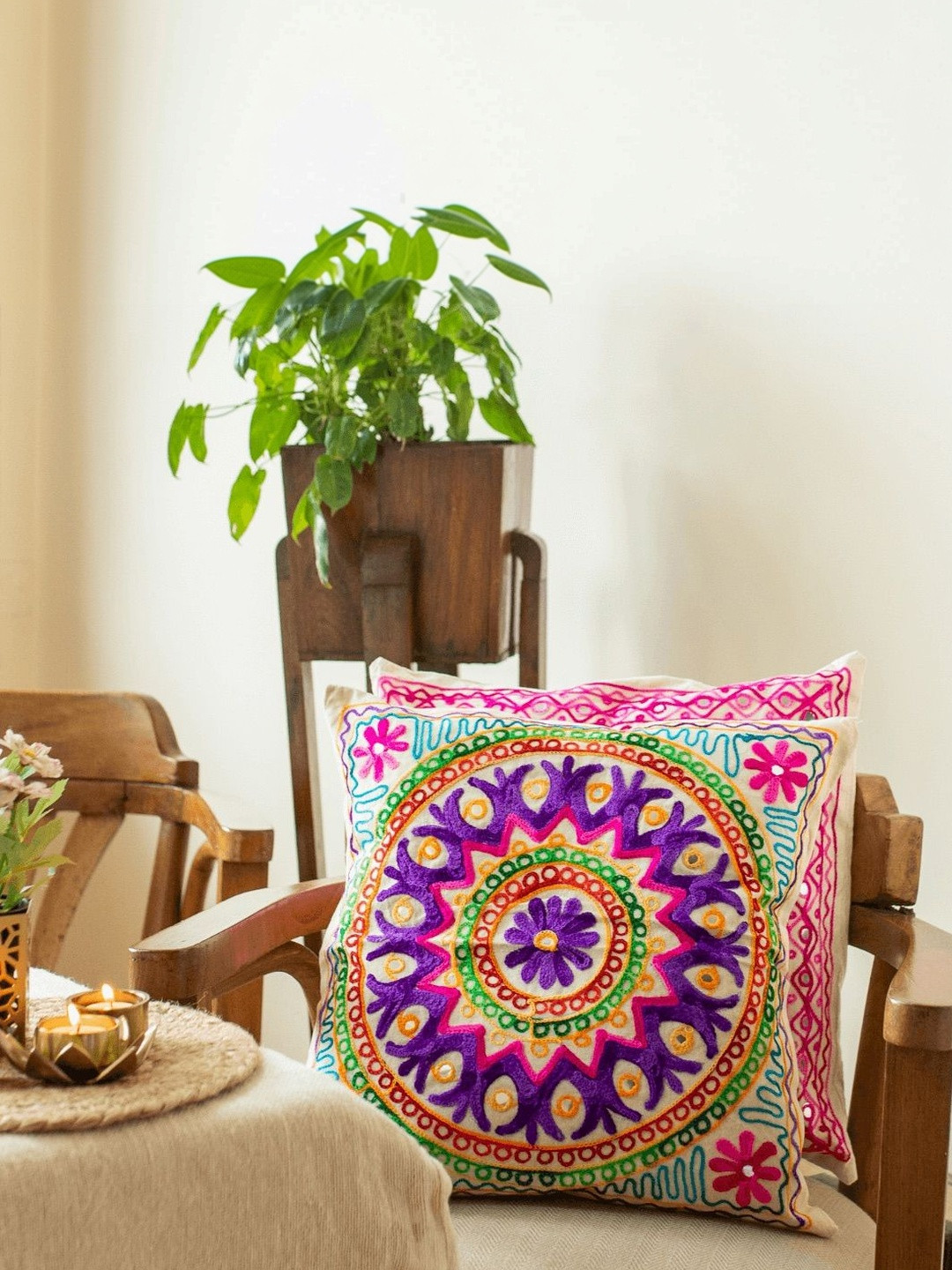 Atrangi Studio Purple & Pink 2 Pieces Mandala Aari Embroidery Cushion Cover 16x16 Inch