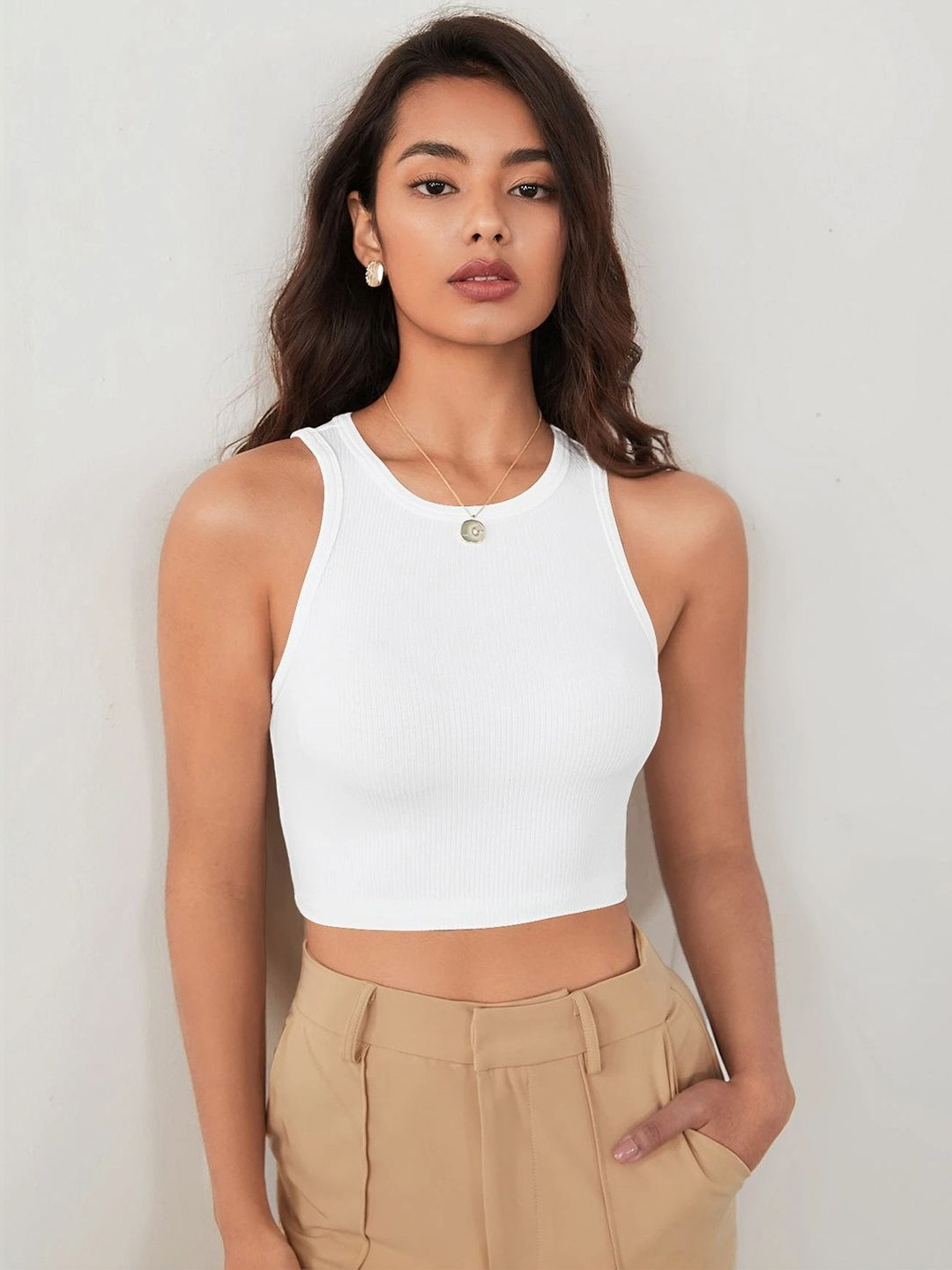 CREZYVEZY Ribbed Round Neck Sleeveless Crop Top