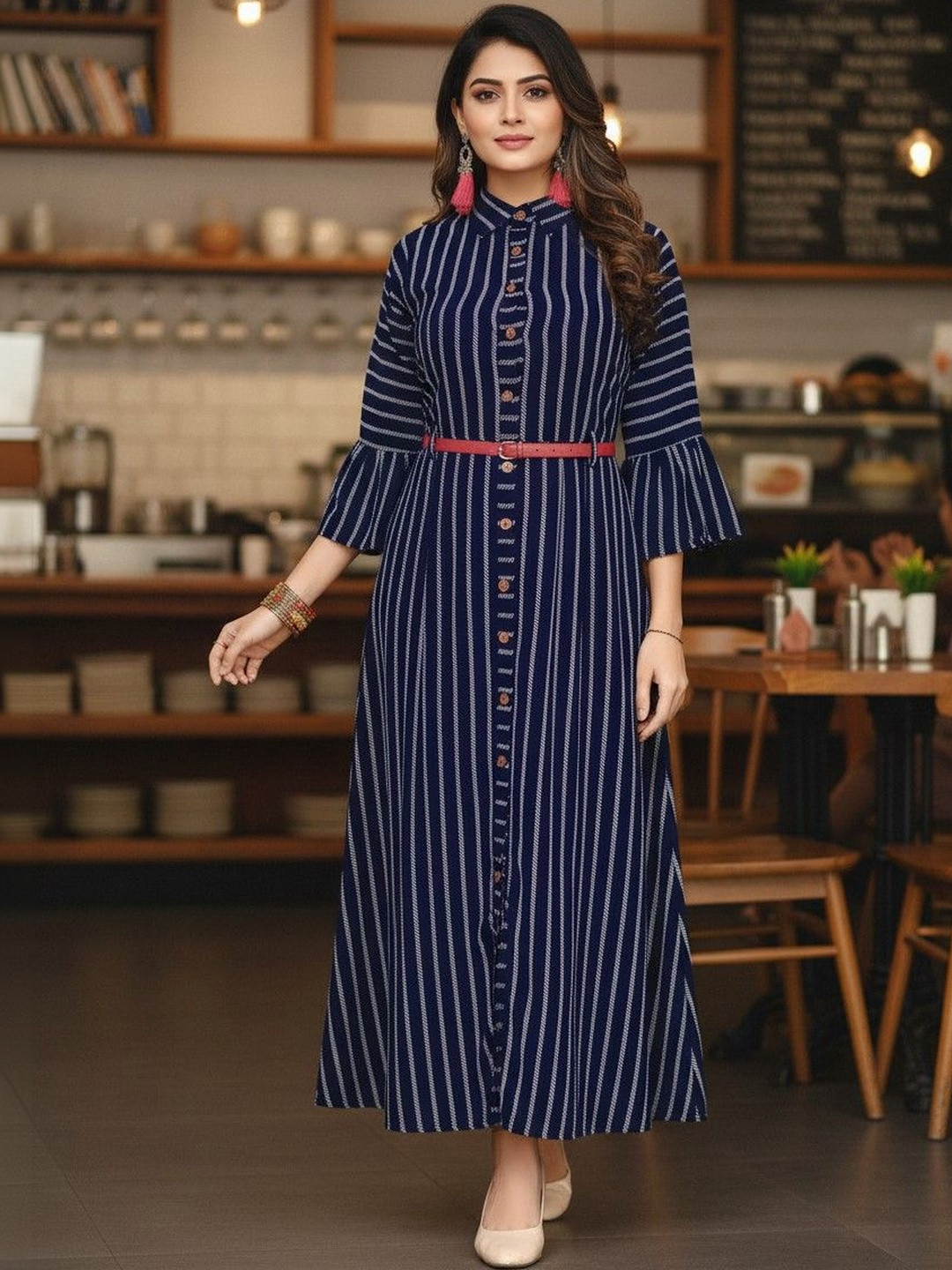 IndoBella Striped Flared Sleeve Crepe A-Line Maxi Dress