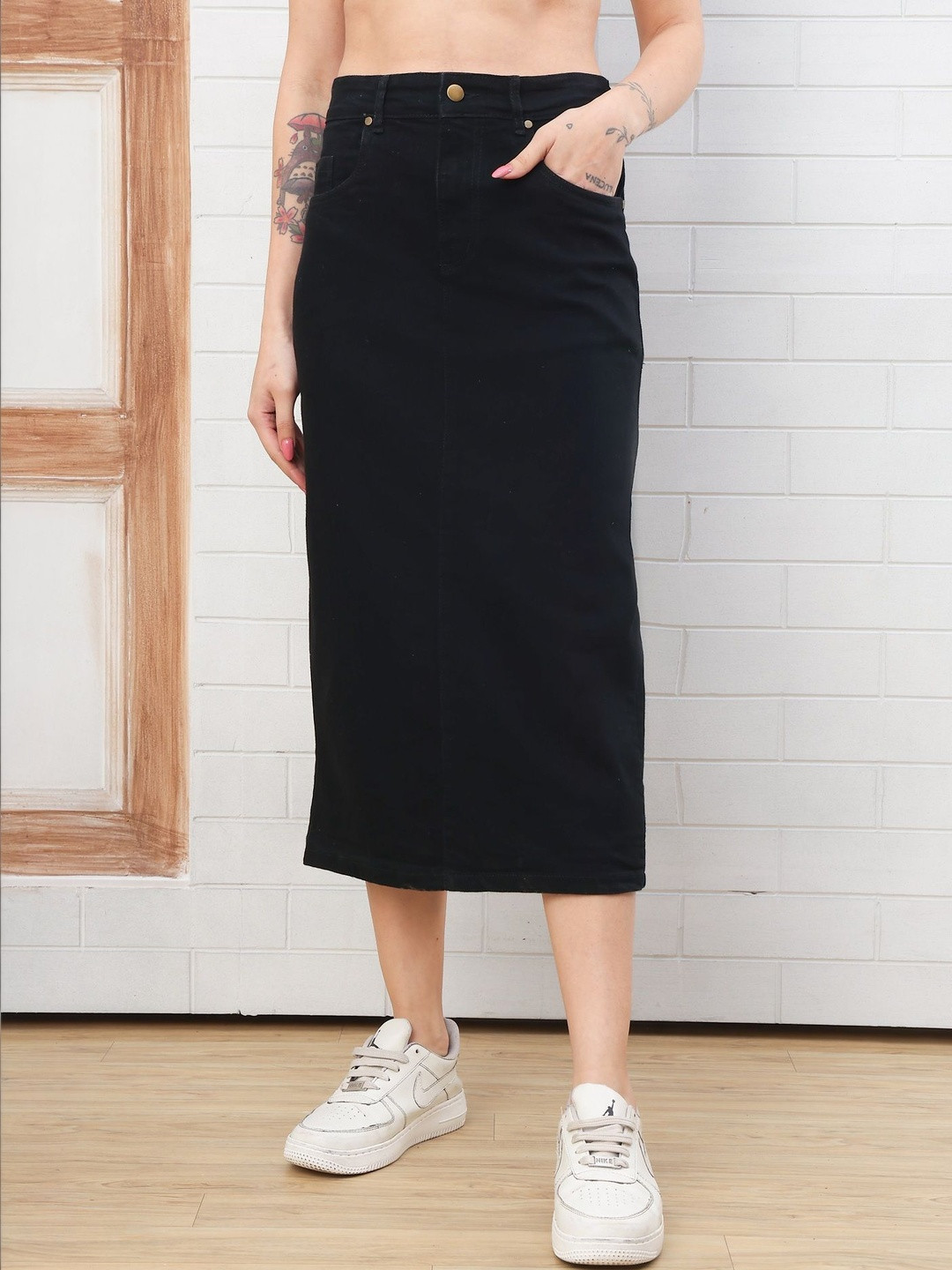 DOZER Women Denim Blend Back Slit Midi Straight Skirt