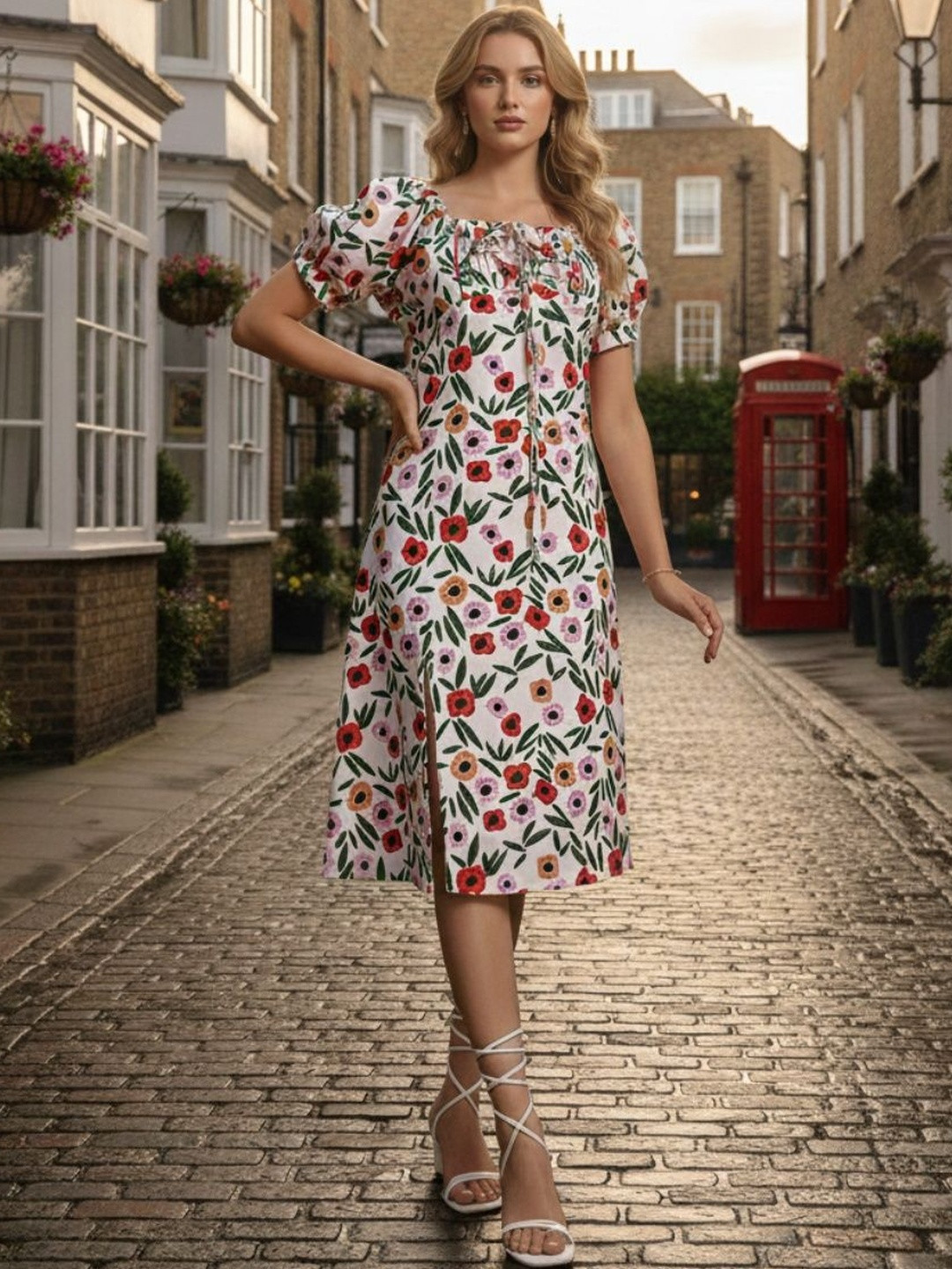 LERIYA FASHION Floral Print Puff Sleeve A-Line Midi Dress
