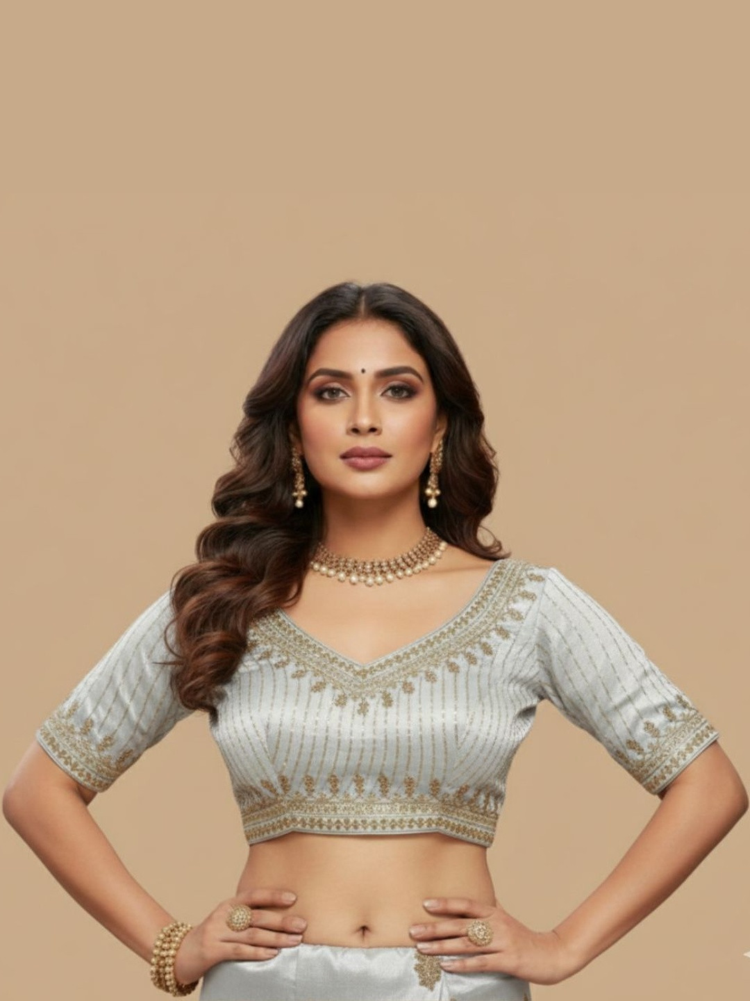 Trendzmy Cotton Blend Embroidered Thread Work Saree Blouse