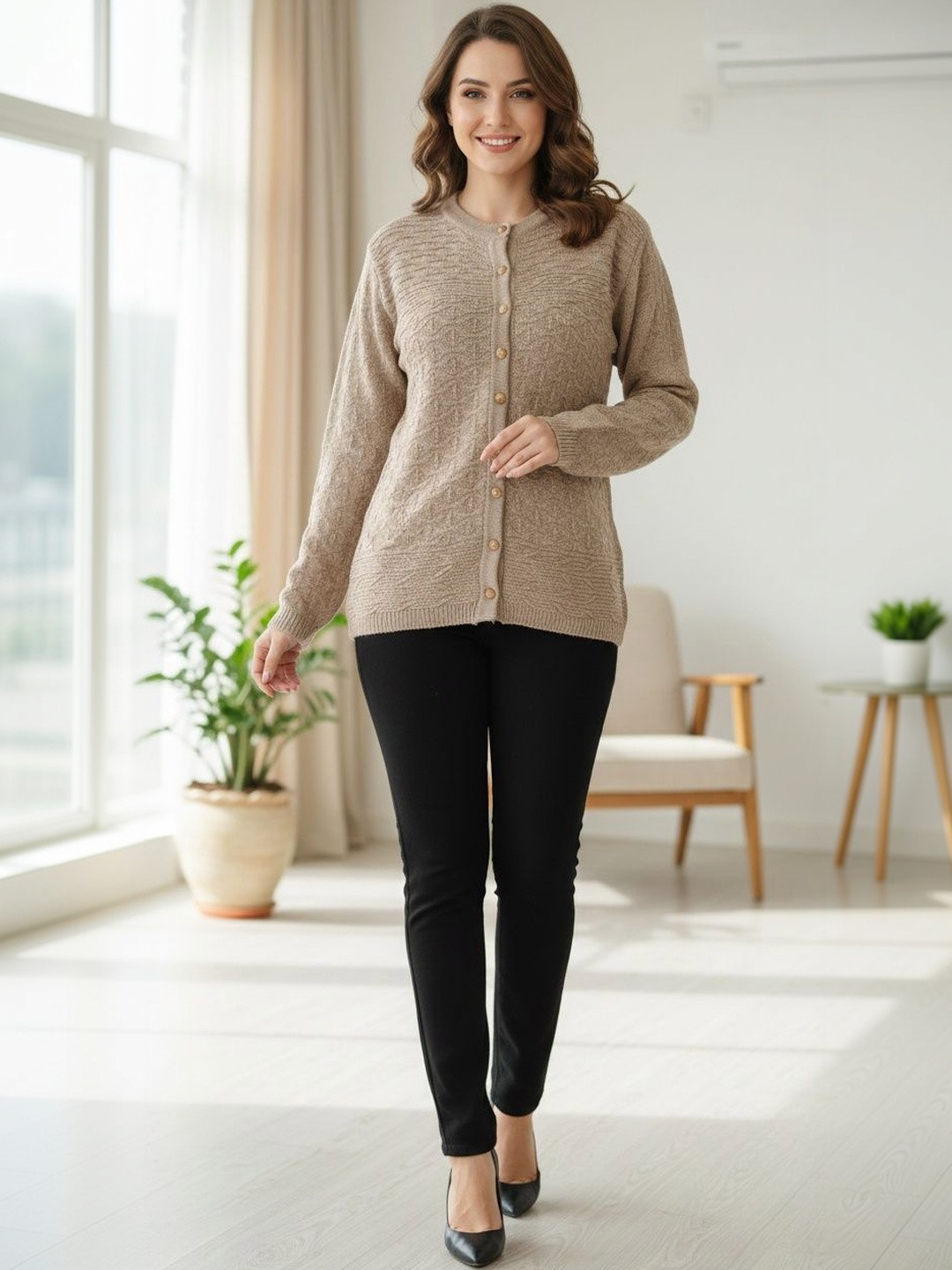 The Roadster Lifestyle Co Wool Round Neck Ribbed Cardigan Sweaters