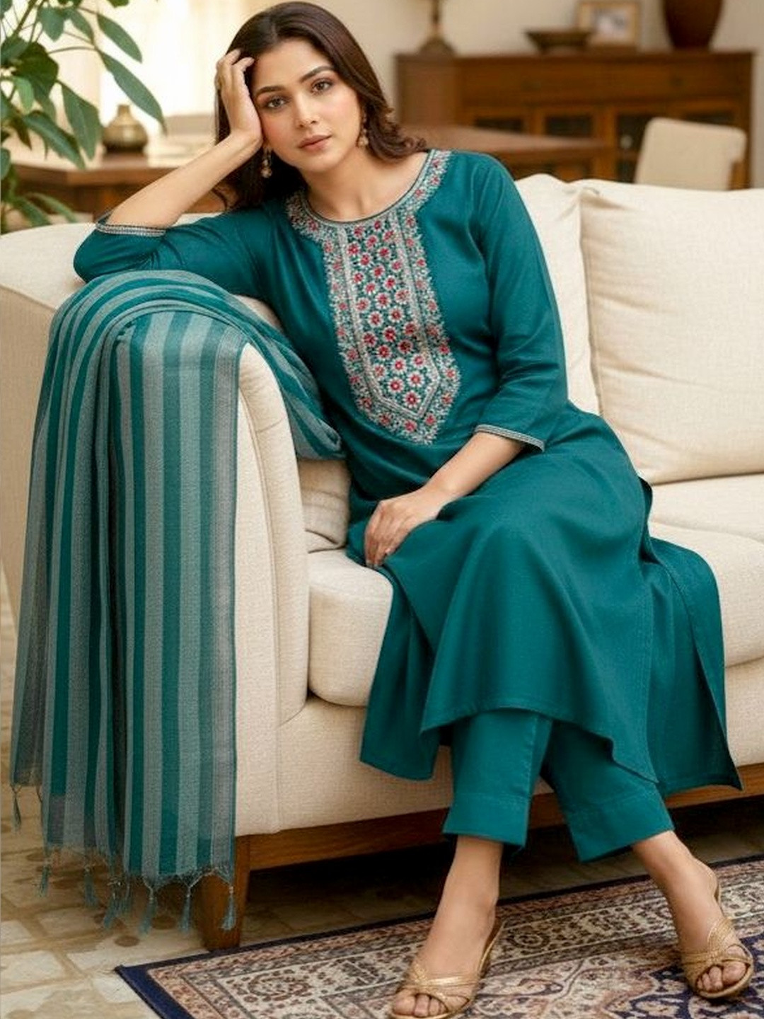 BILANZA Women Ethnic Motifs Embroidered Regular Thread Work Kurta with Trousers & With Dupatta