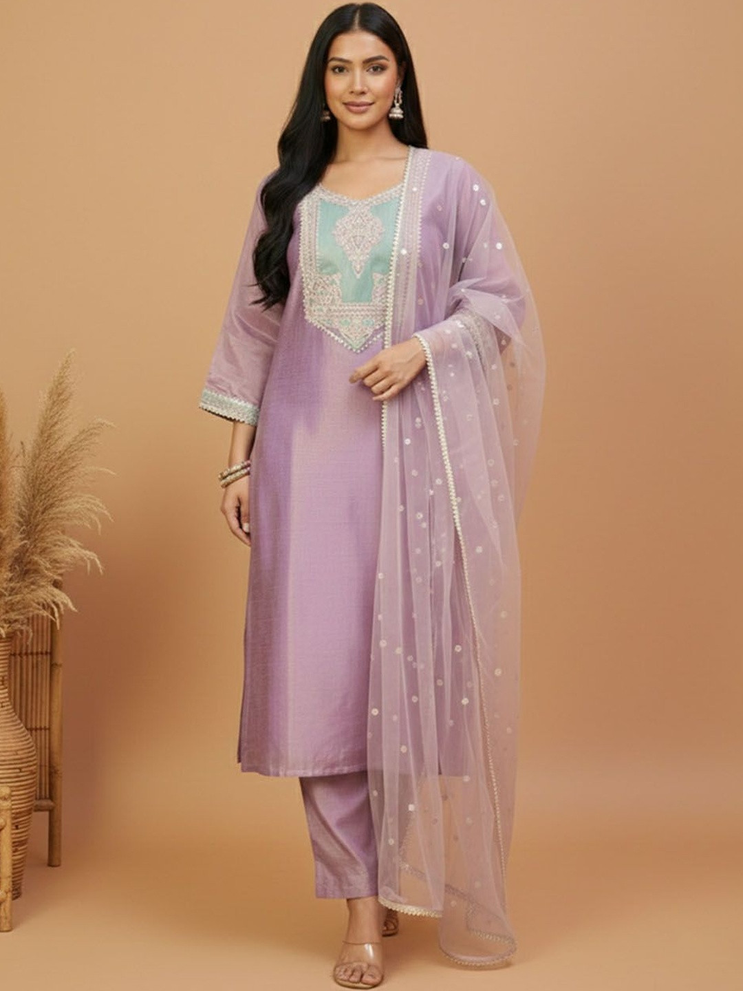 Anouk Women Ethnic Motifs Embroidered Regular Thread Work Kurta with Trousers & With Dupatta