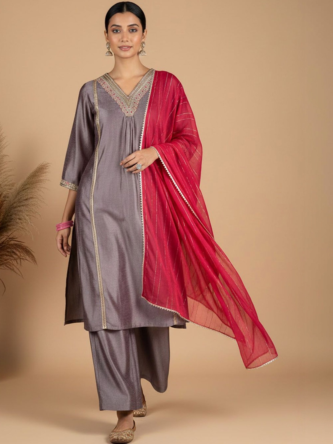 Anouk Women Regular Thread Work Kurta with Palazzos & With Dupatta