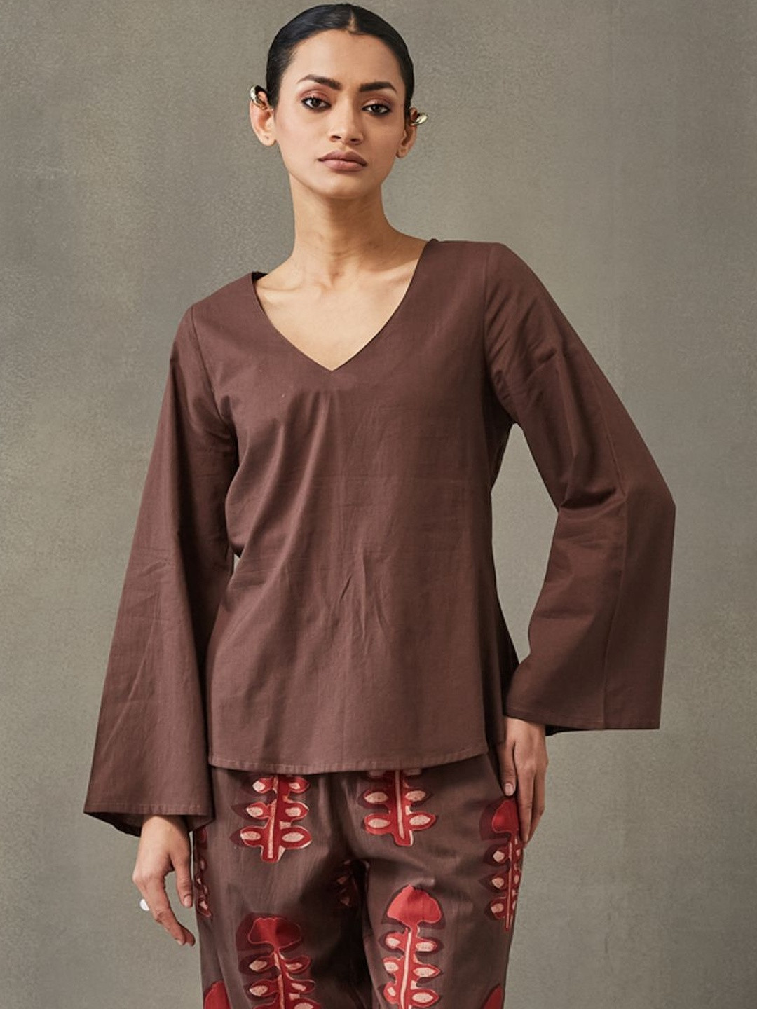 Navibhu Printed V-Neck Flared Sleeves Pure Cotton Office Kurti
