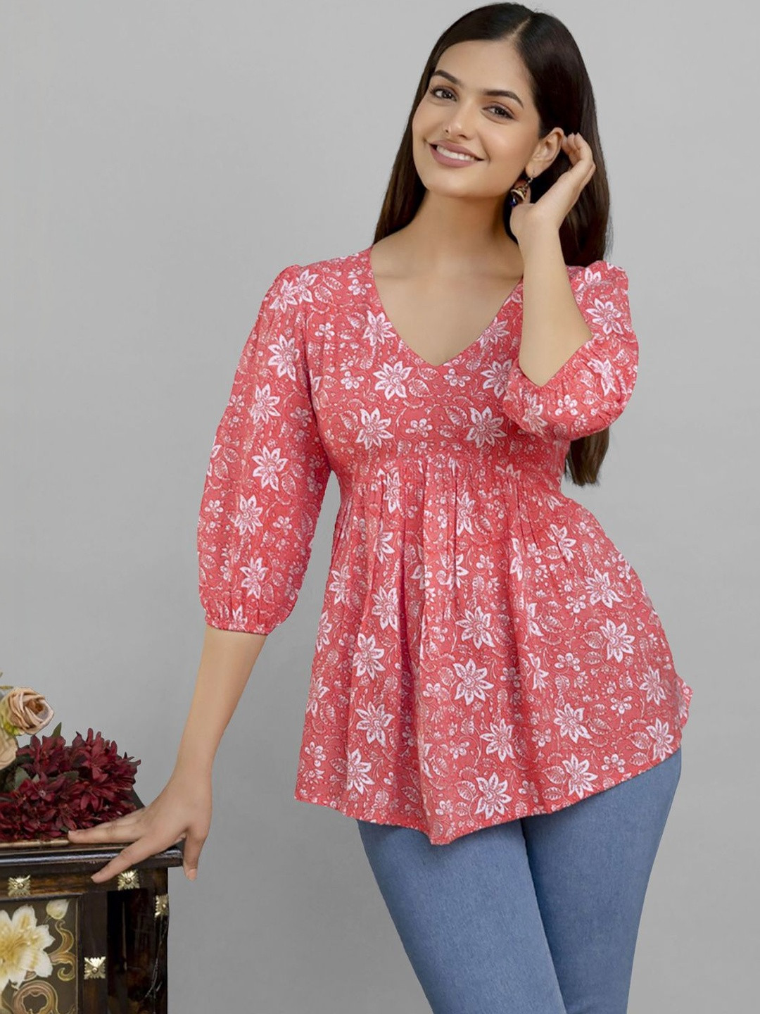 Navyankaa Floral Print Puff Sleeve Peplum Top