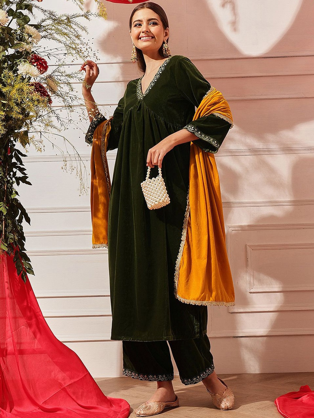 indo street Women Ethnic Motifs Embroidered Empire Thread Work Velvet Kurta with Palazzos