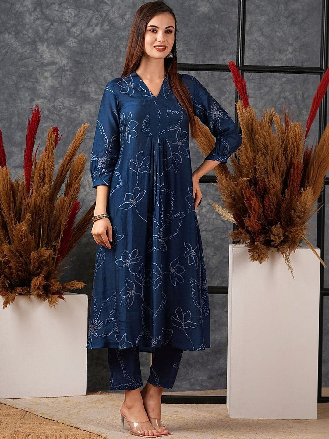 KALINI Women Floral Printed Pleated Kurta with Trousers