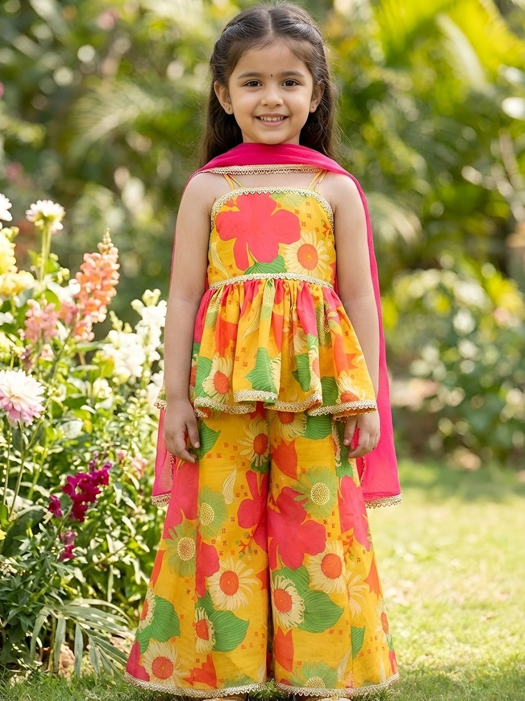 Heerkart Girls Floral Printed Tiered Gotta Patti Raw Silk Top with Palazzos & With Dupatta